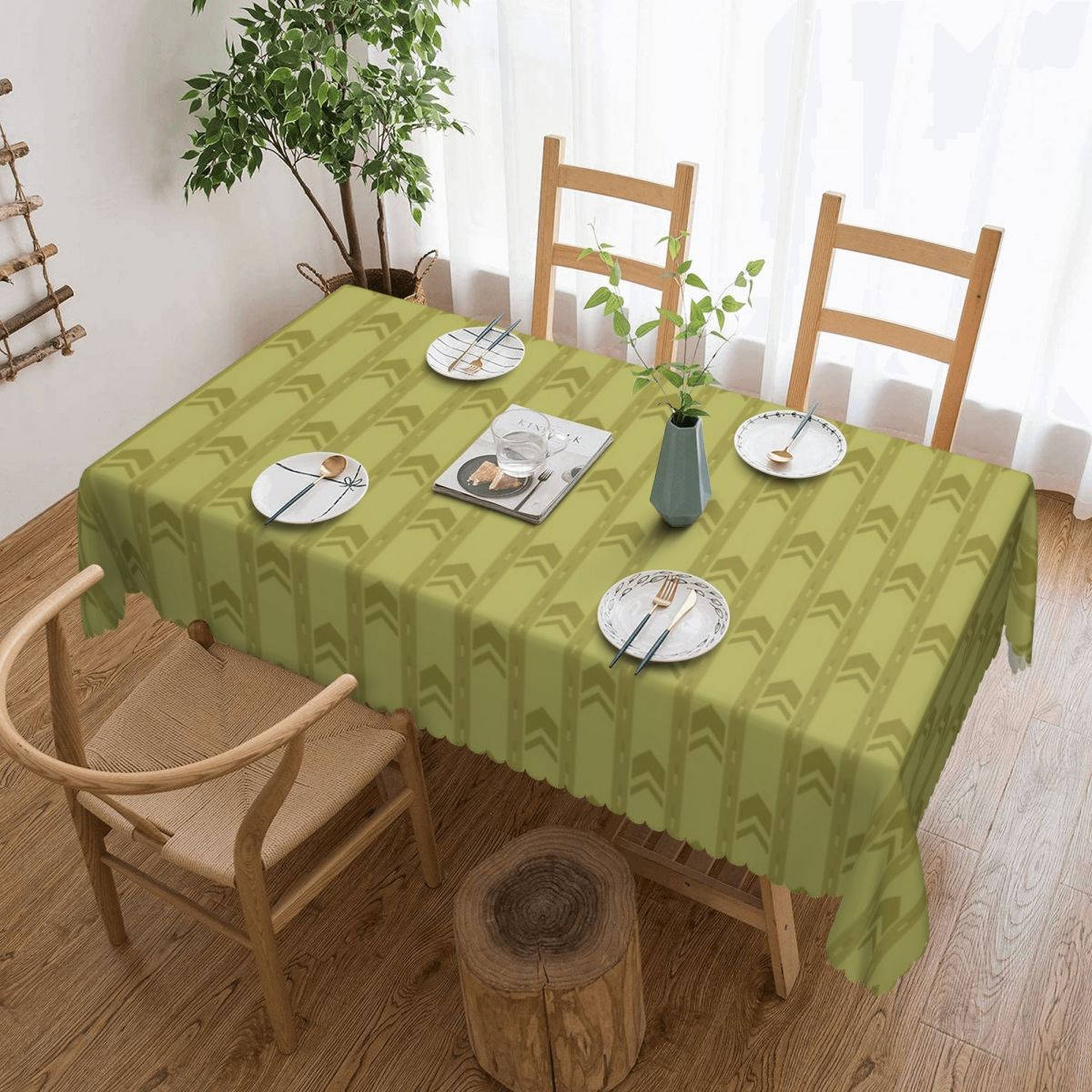 The Backrooms, wooden dining table, green arrow-patterned tablecloth, SD Desktop Wallpaper