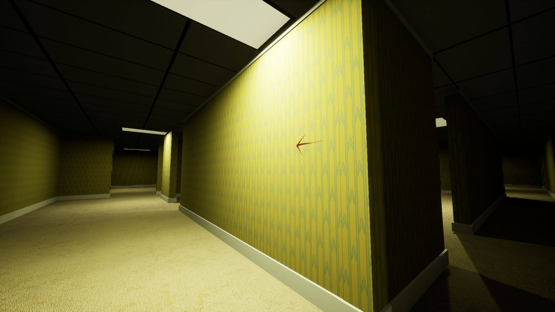 The Backrooms, yellow patterned wallpaper, red arrow, Full HD Desktop Wallpaper