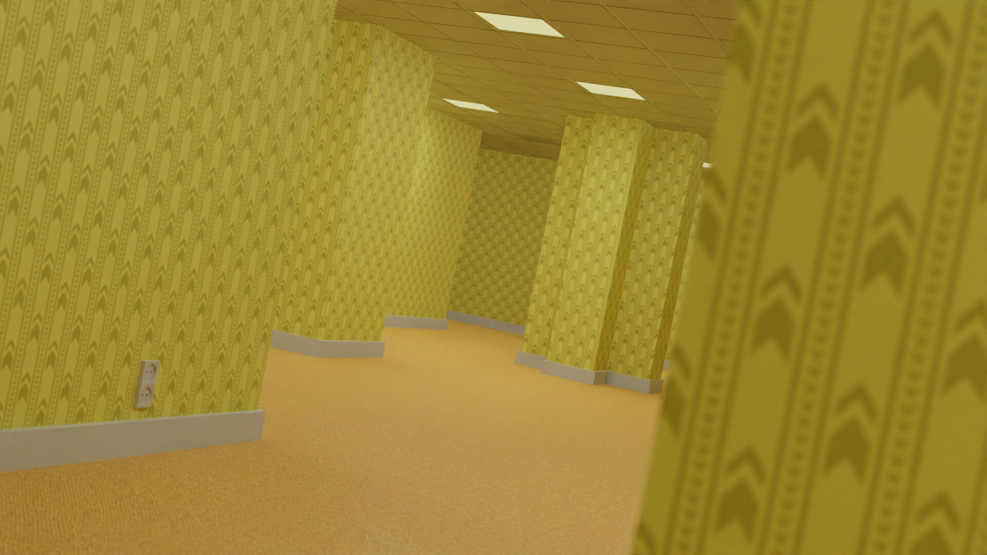 The Backrooms, yellow patterned wallpaper, beige carpet, Full HD Desktop Wallpaper