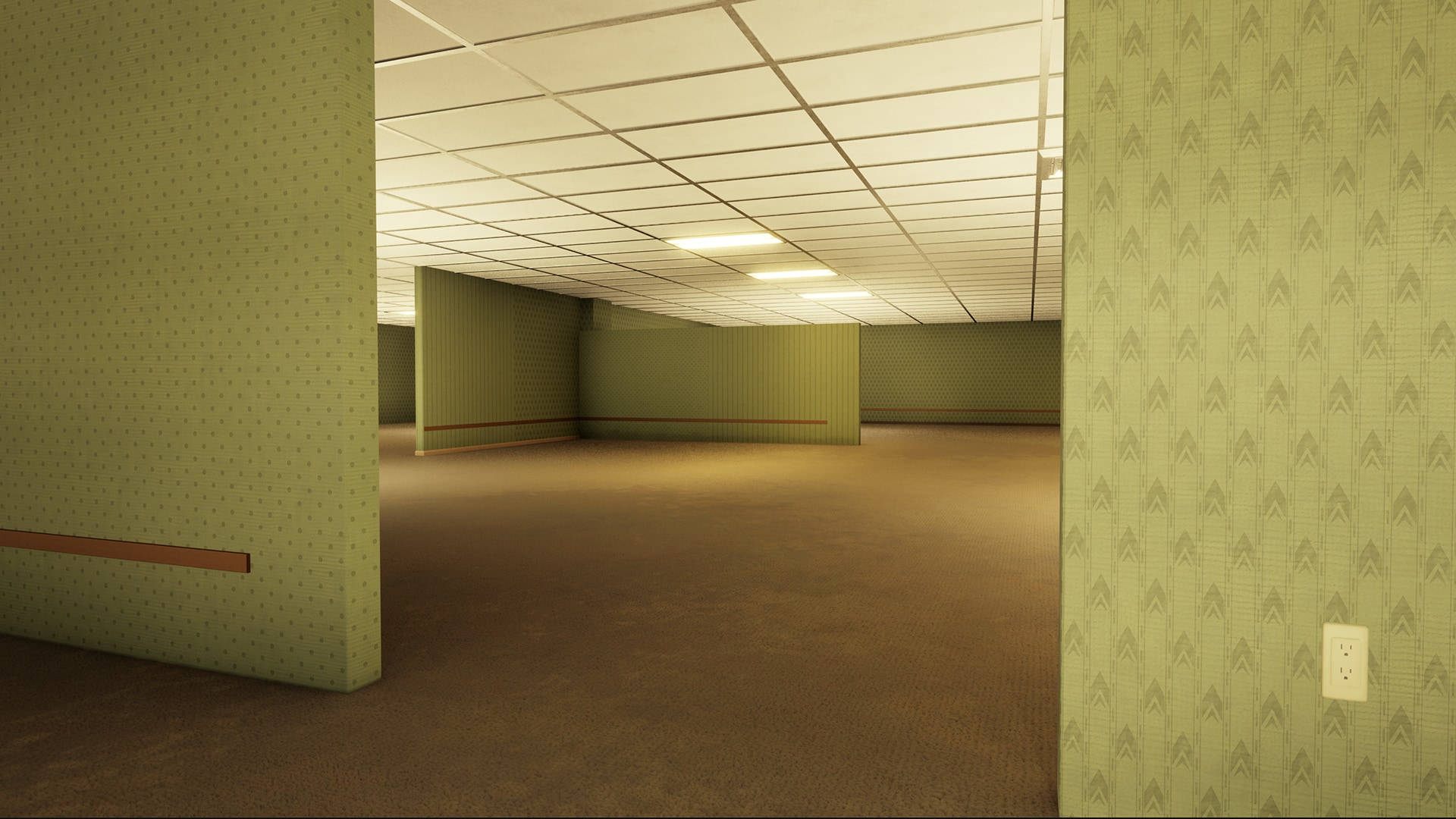 The Backrooms, retro office space, patterned green wallpaper, Full HD Desktop Wallpaper