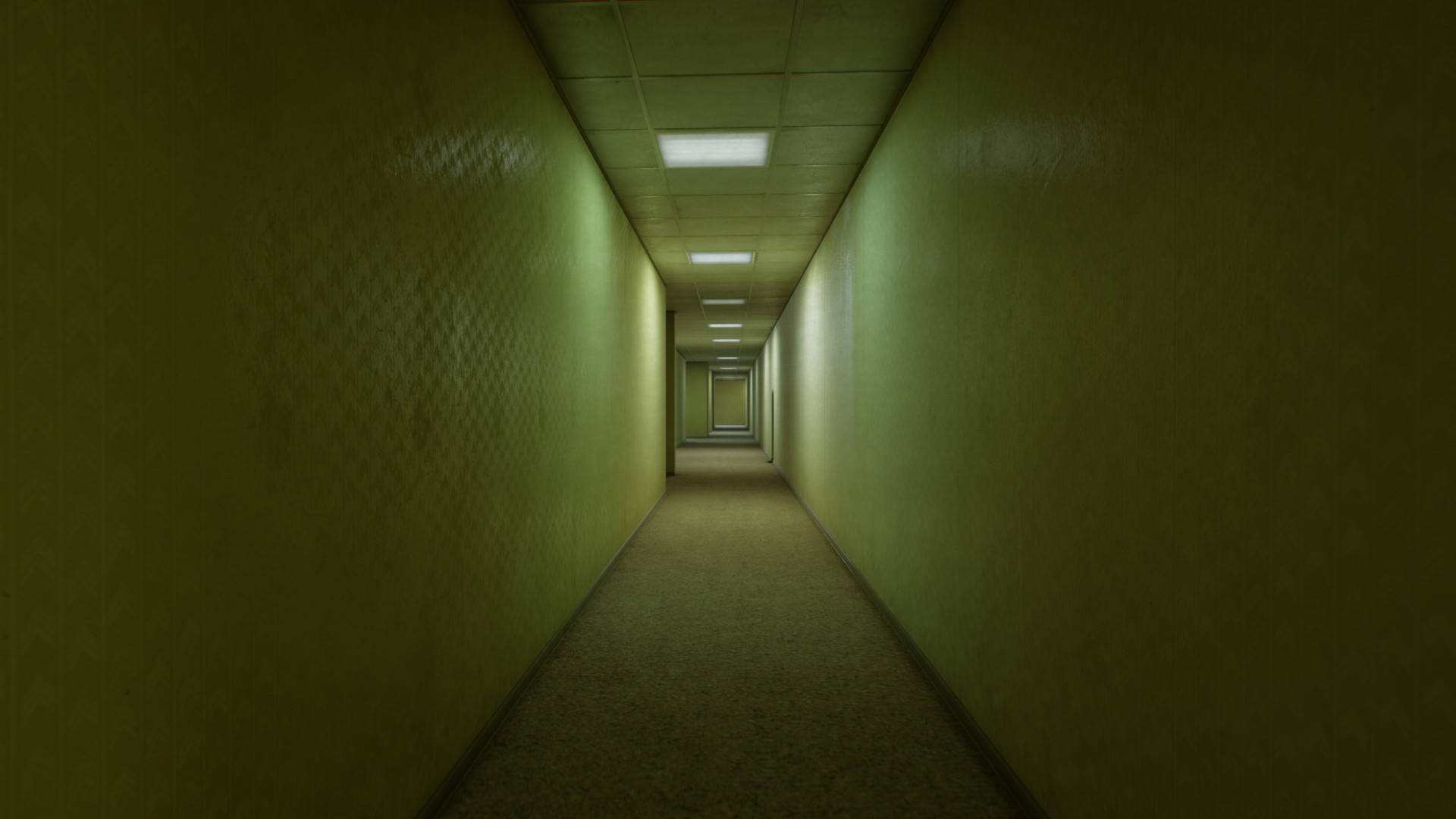 The Backrooms, olive green walls, carpeted floor, Full HD Desktop Wallpaper