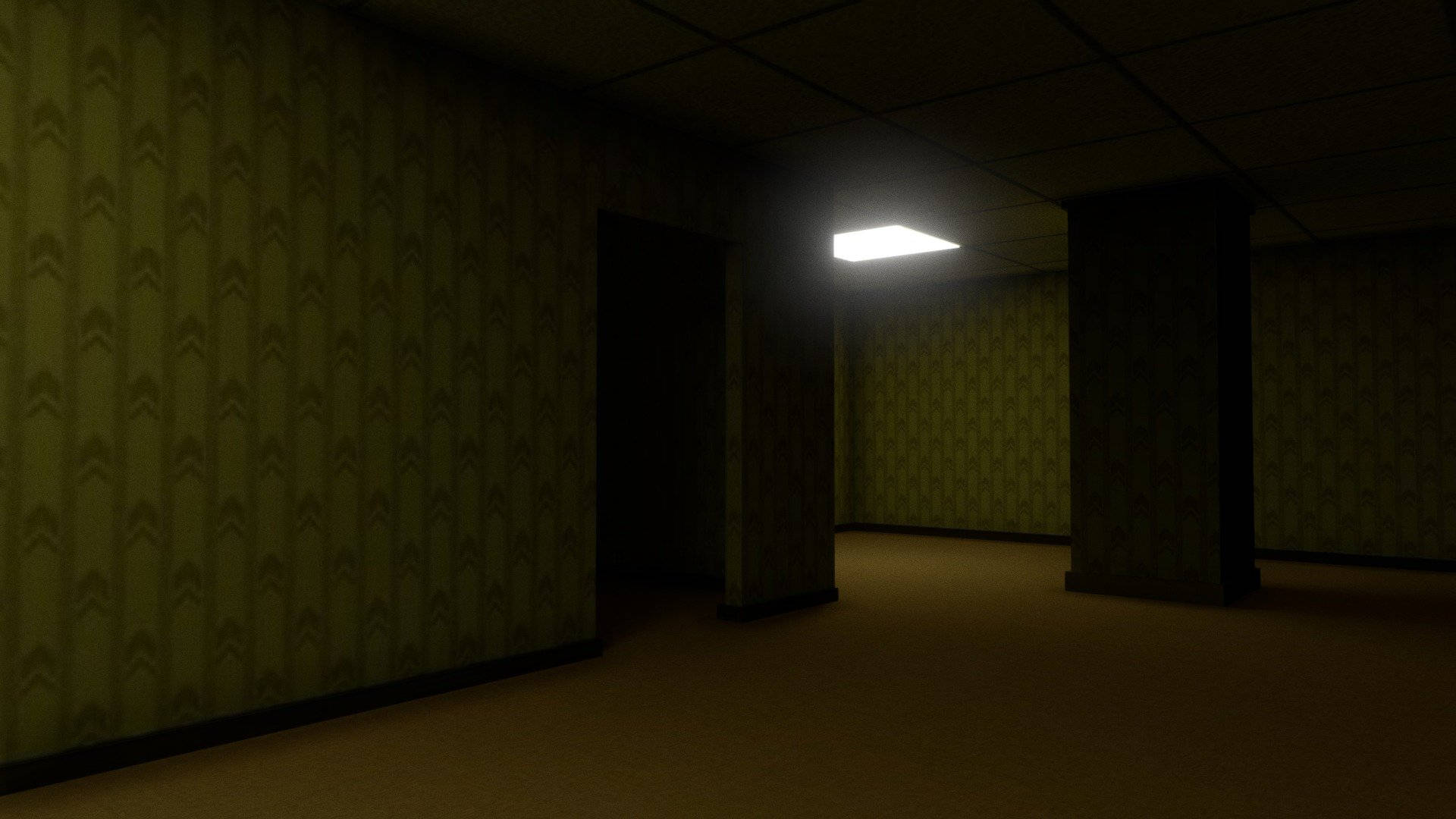 The Backrooms, vintage green patterned wallpaper, dimly lit empty hallway, Full HD Desktop Wallpaper