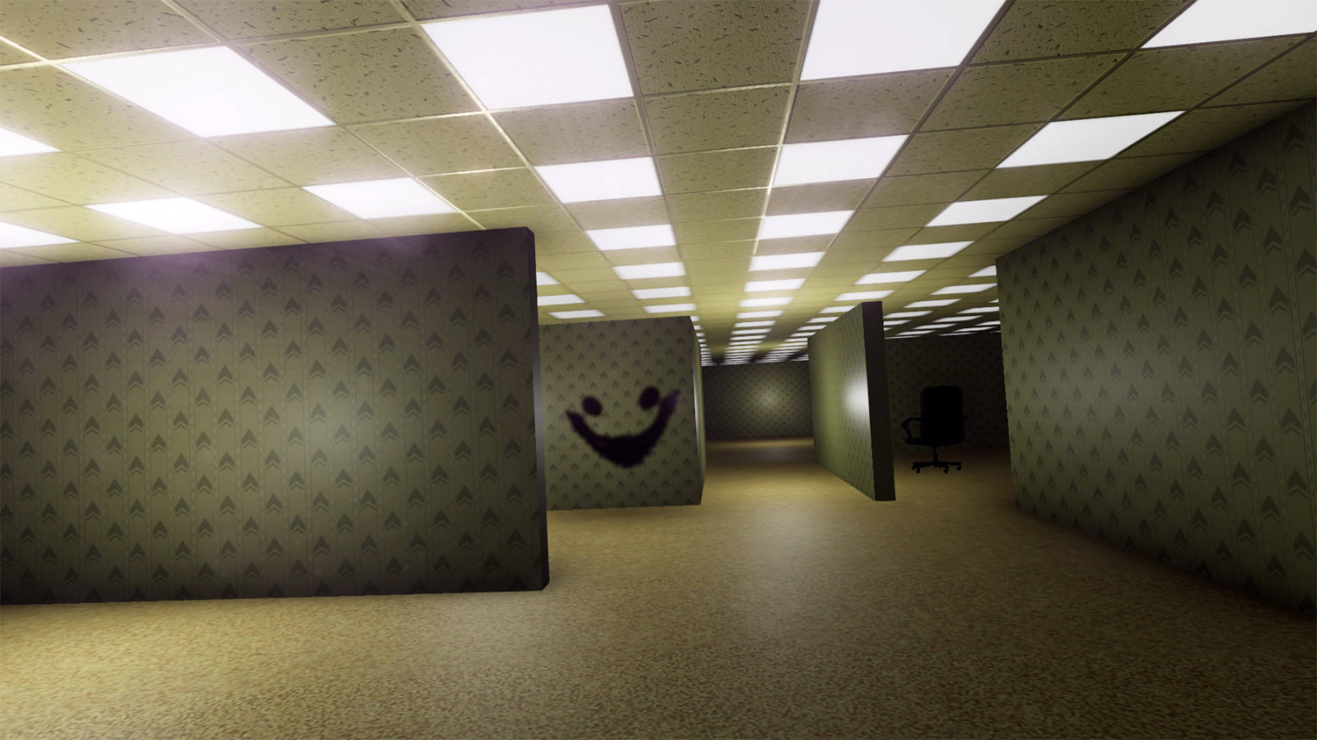 The Backrooms, fluorescent lights, glowing smiley face, Full HD Desktop Wallpaper