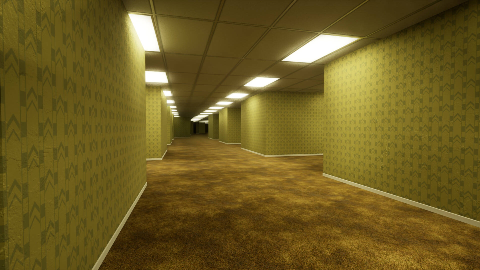 The Backrooms, vintage green patterned wallpaper, brown carpet, Full HD Desktop Wallpaper