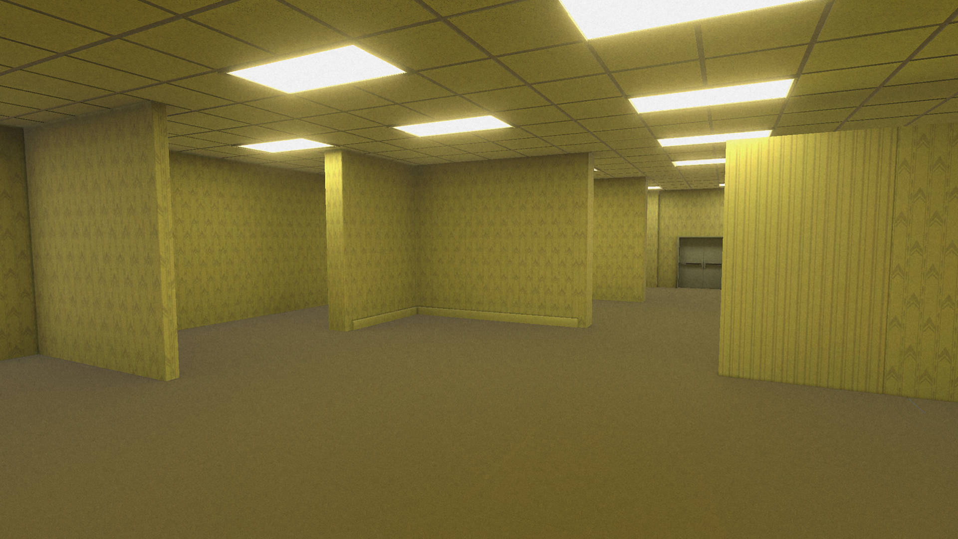 yellow patterned wallpaper, fluorescent lights, retro office, Full HD Desktop Wallpaper