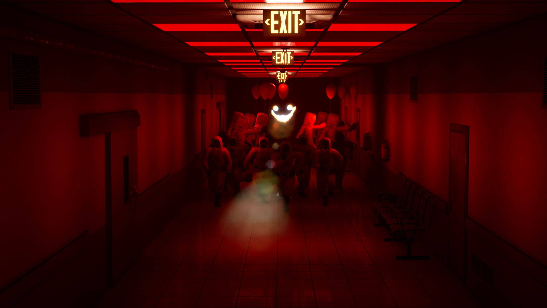 The Backrooms, red-lit hospital hallway, glowing exit sign, Full HD Desktop Wallpaper
