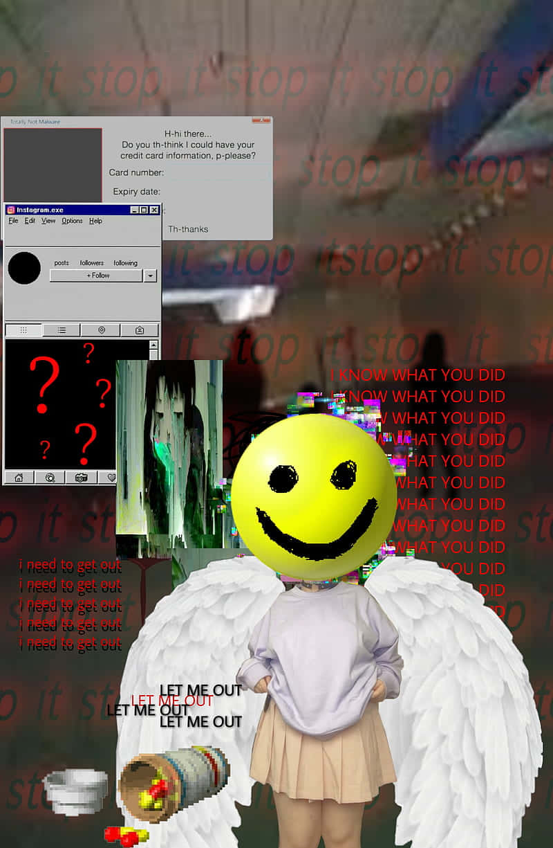 angel wings, yellow smiley face head, glitching computer screens, SD Phone Wallpaper
