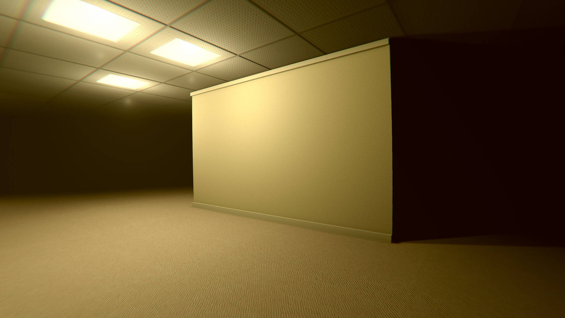 The Backrooms, beige carpet, ceiling lights, Full HD Desktop Wallpaper
