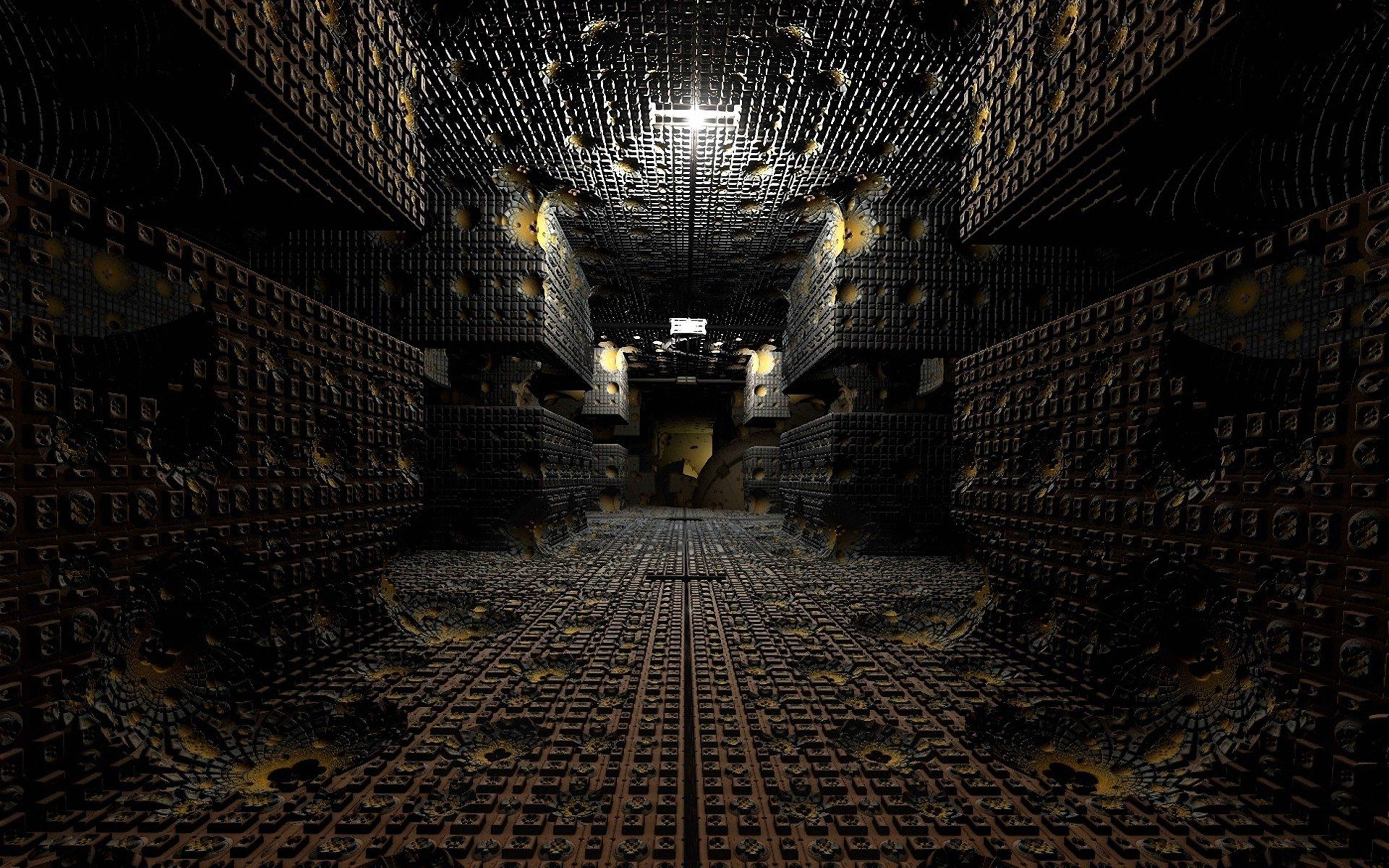 3d hd dark bizarre hallway, futuristic corridor, intricate geometric patterns, 5K Desktop Wallpaper