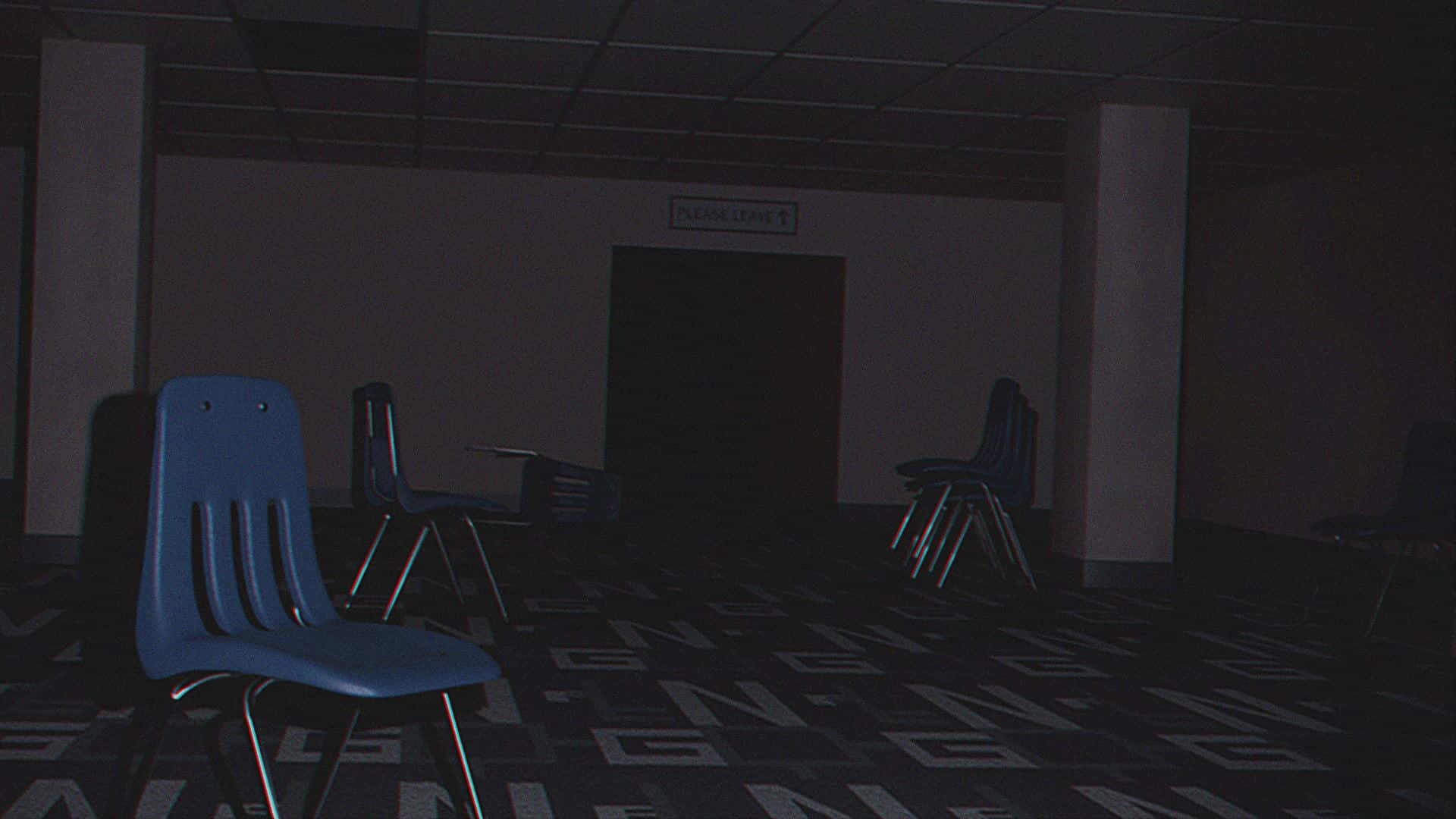 abandoned hallway, blue chairs, patterned carpet, Full HD Desktop Wallpaper