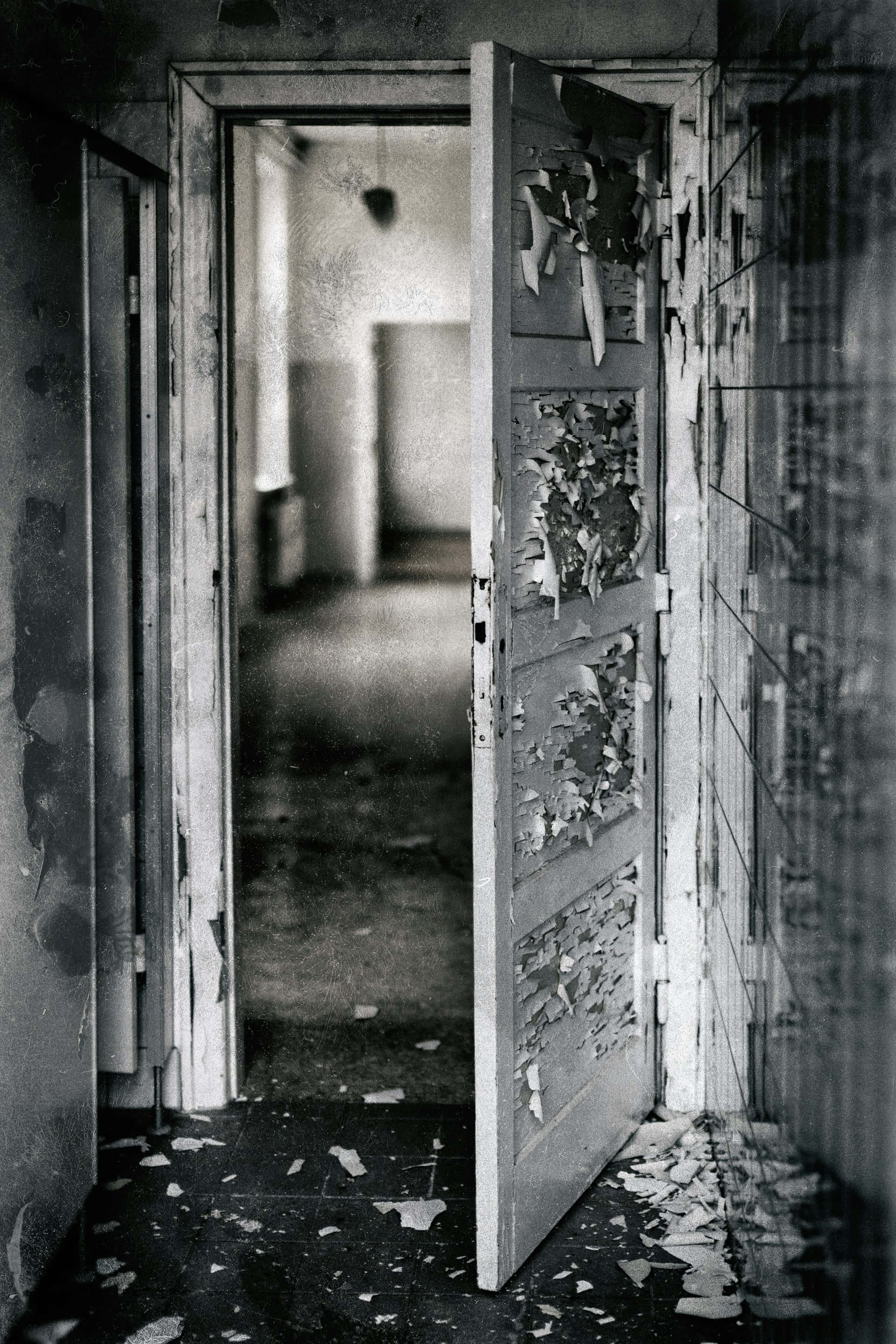 abandoned hallway, weathered door, peeling floral wallpaper, 2K Phone Wallpaper