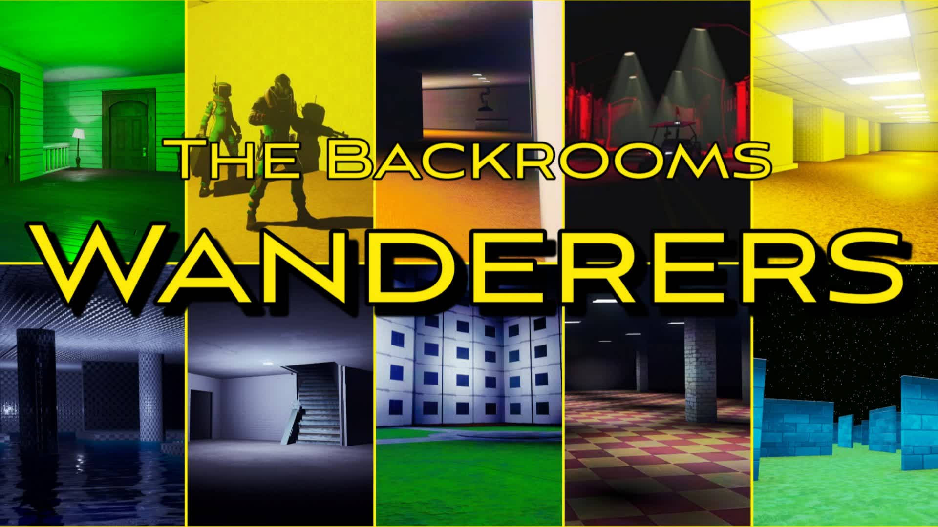 The Backrooms, eerie, color-saturated hallway scenes, Full HD Desktop Wallpaper