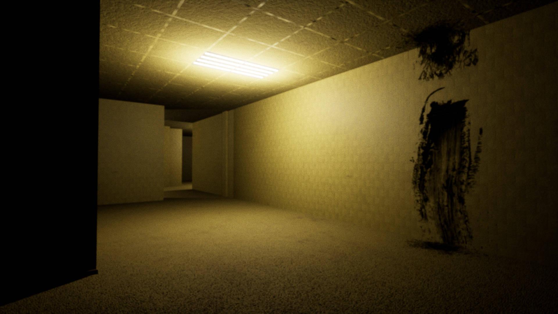 The Backrooms, dimly lit, abandoned hallway, Full HD Desktop Wallpaper