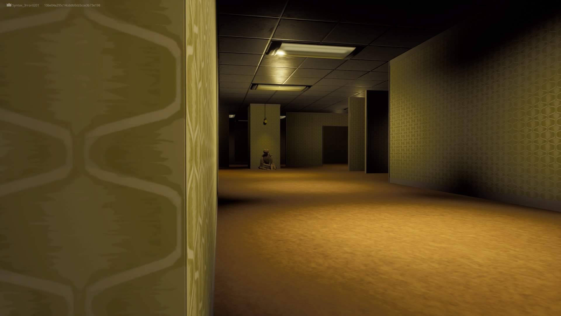 The Backrooms, dimly lit hallway, patterned walls, Full HD Desktop Wallpaper