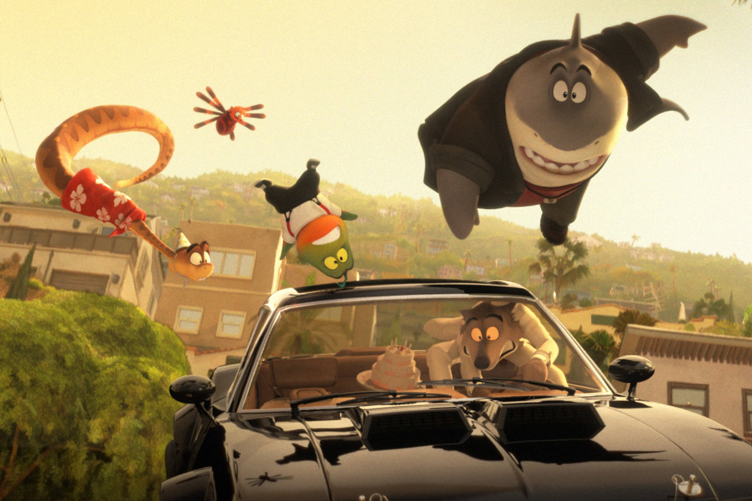 The Bad Guys, black convertible, sunny hillside town, Full HD Desktop Wallpaper