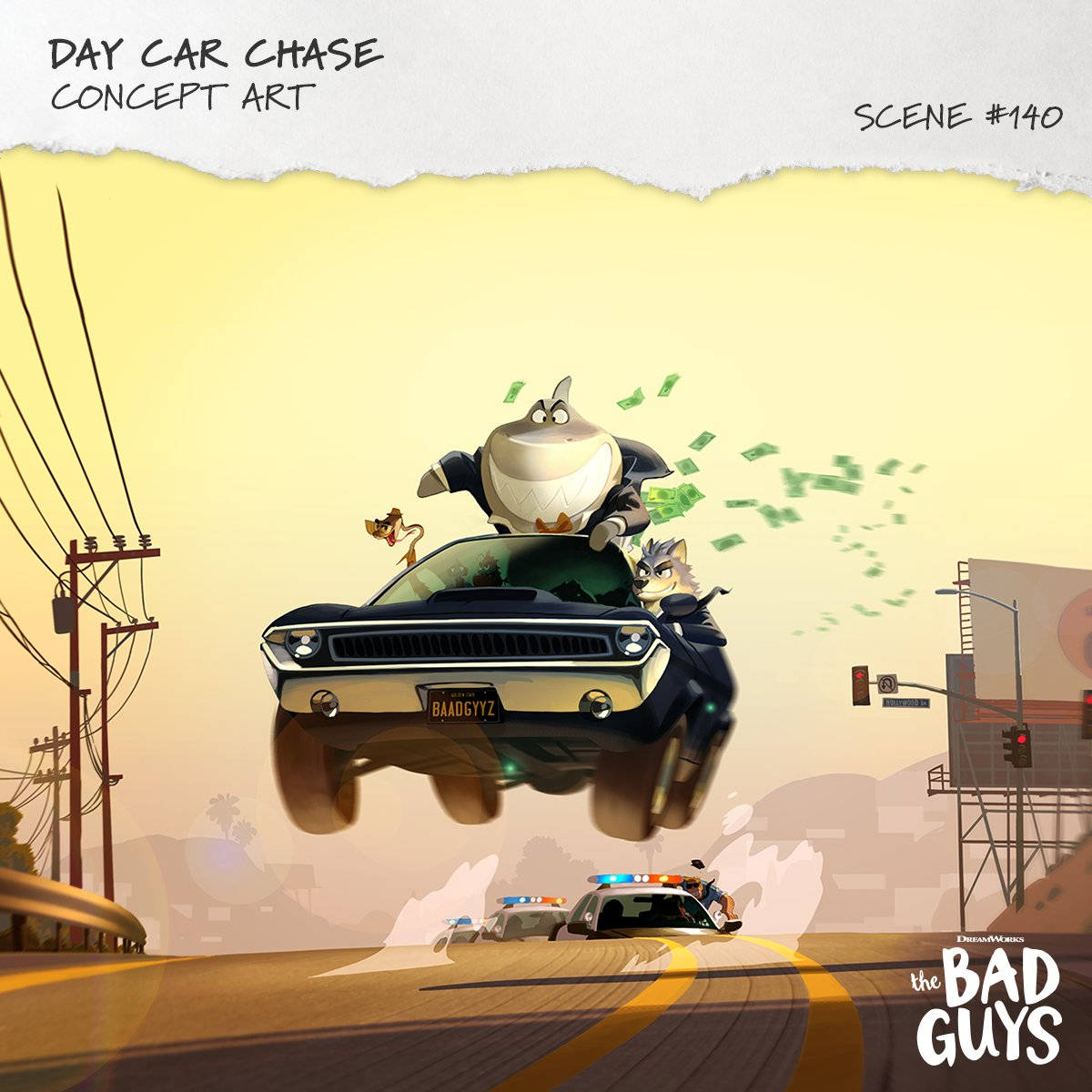 The Bad Guys, car chase scene, flying muscle car, SD Desktop Wallpaper