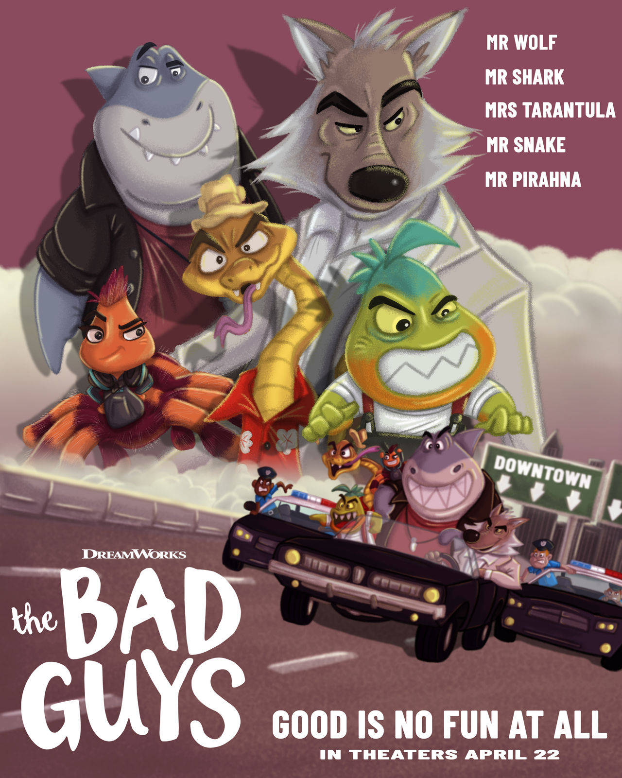 The Bad Guys, dark pink, police car chase, HD Phone Wallpaper