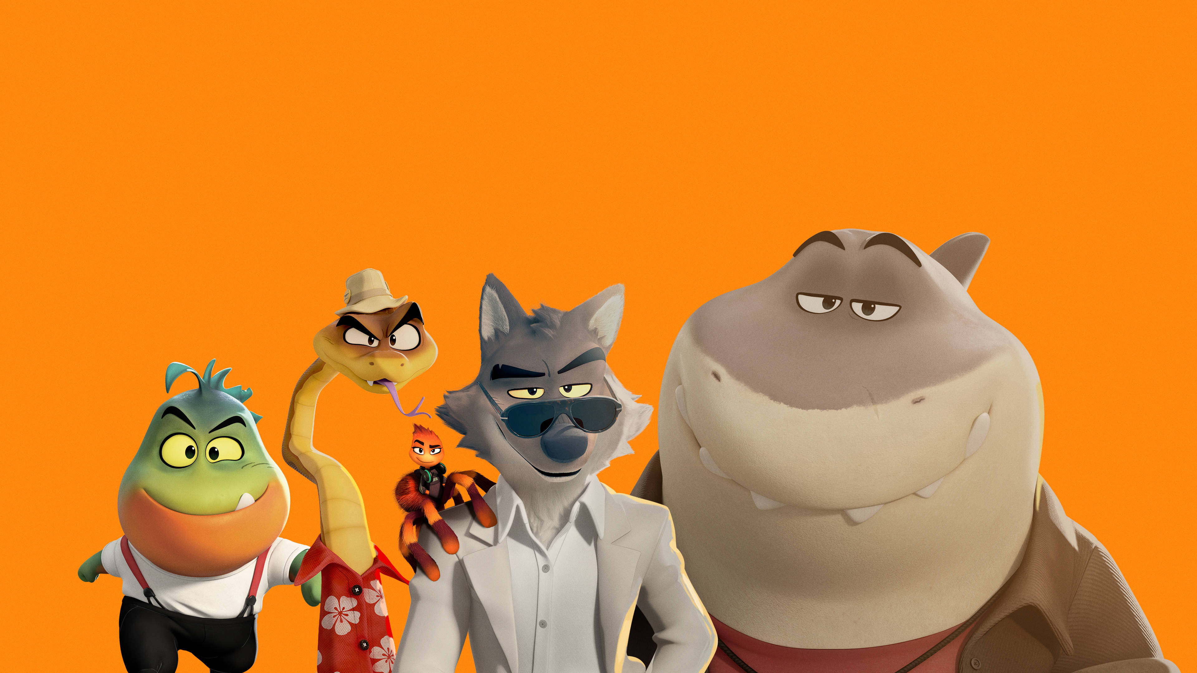 The Bad Guys, orange background, animated animal characters, 4K Desktop Wallpaper