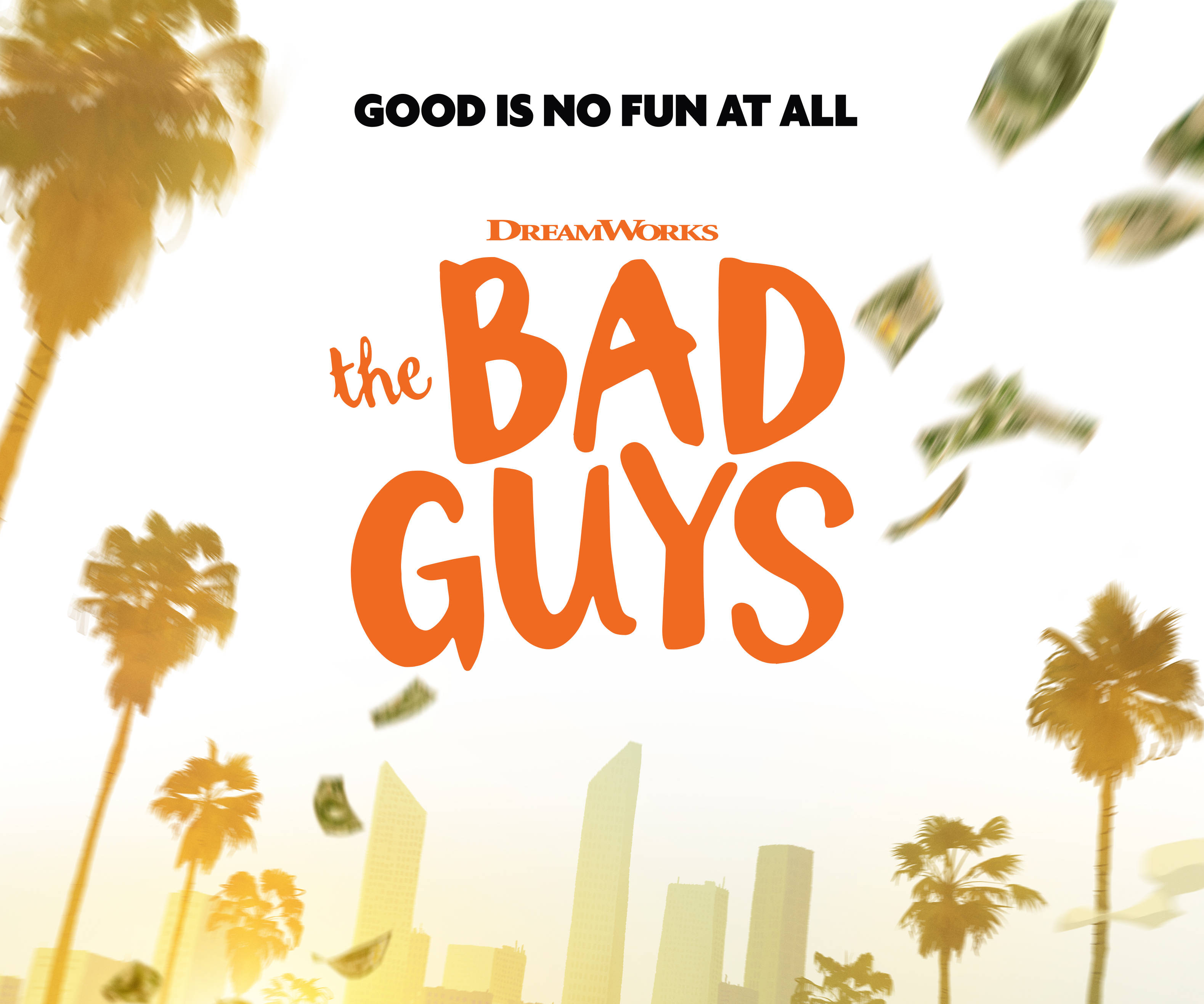 The Bad Guys, orange title, sunlit cityscape, 2K Desktop Wallpaper
