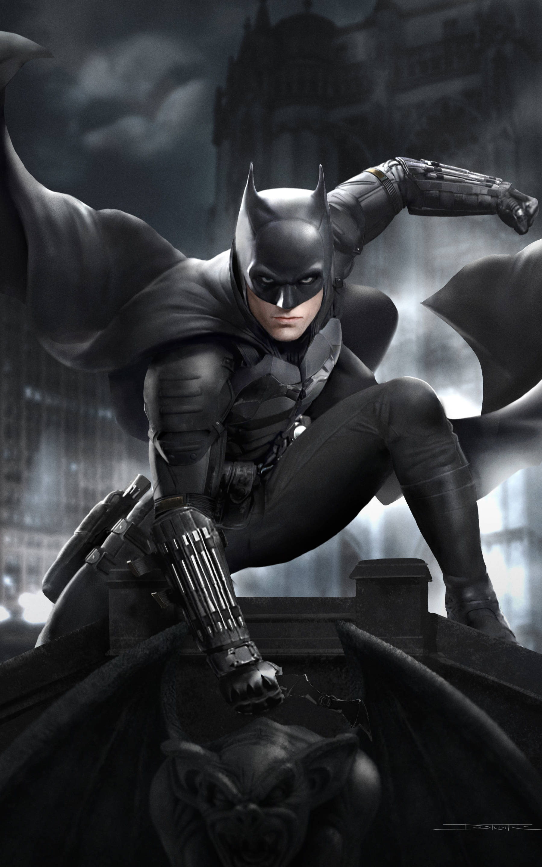 Batman, gothic rooftop, dark stormy cityscape, 2K Phone Wallpaper