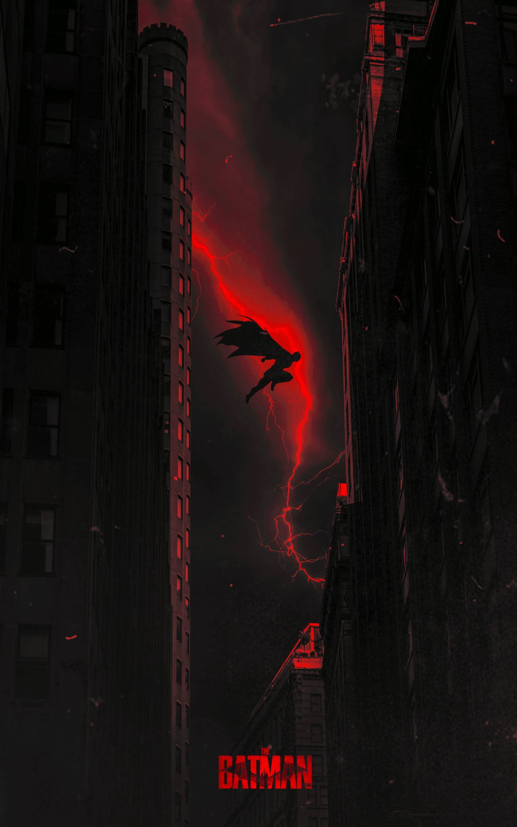 Batman, jagged red lightning bolt, towering skyscrapers, 2K Phone Wallpaper