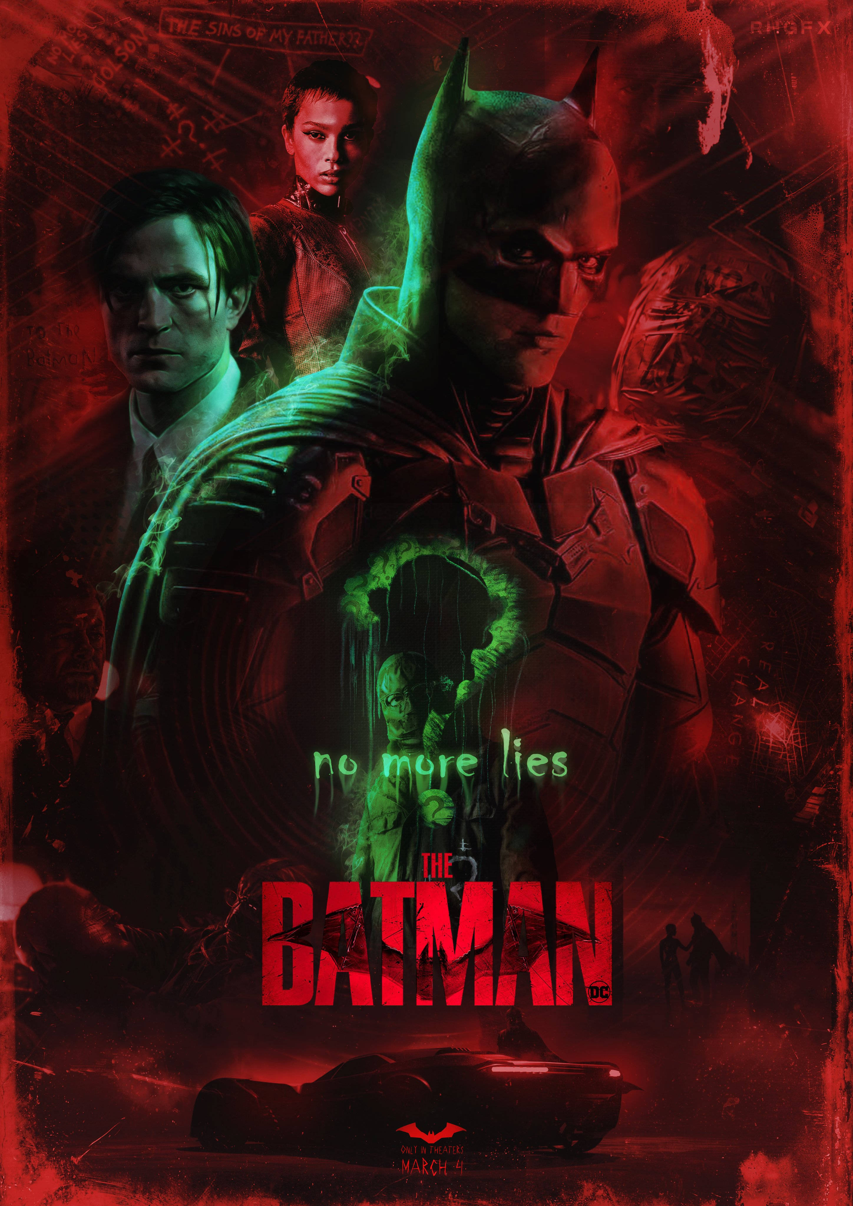 The Batman 2022, red-lit urban scene, glowing green accents, 4K Phone Wallpaper