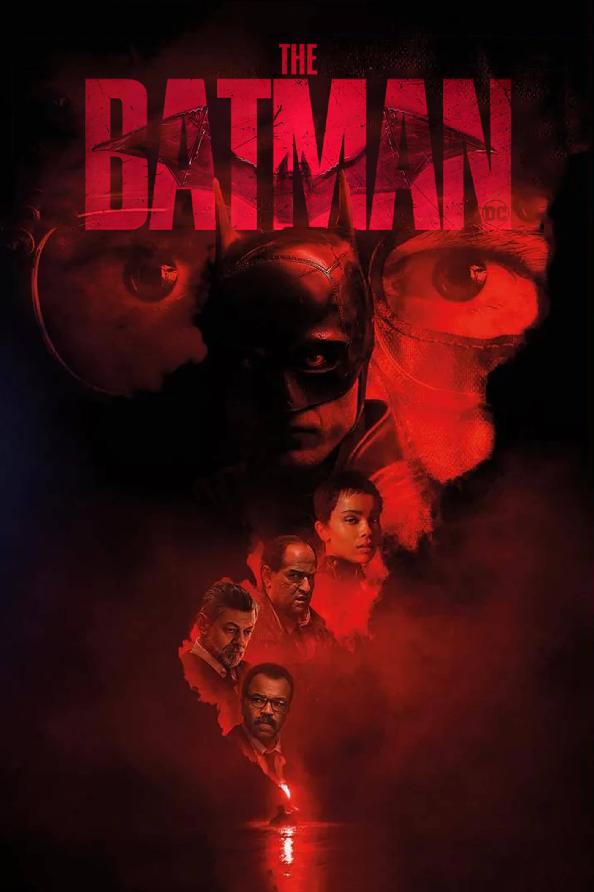 The Batman 2022, red-hued bat symbol, character faces emerging from shadowy smoke, 2K Phone Wallpaper