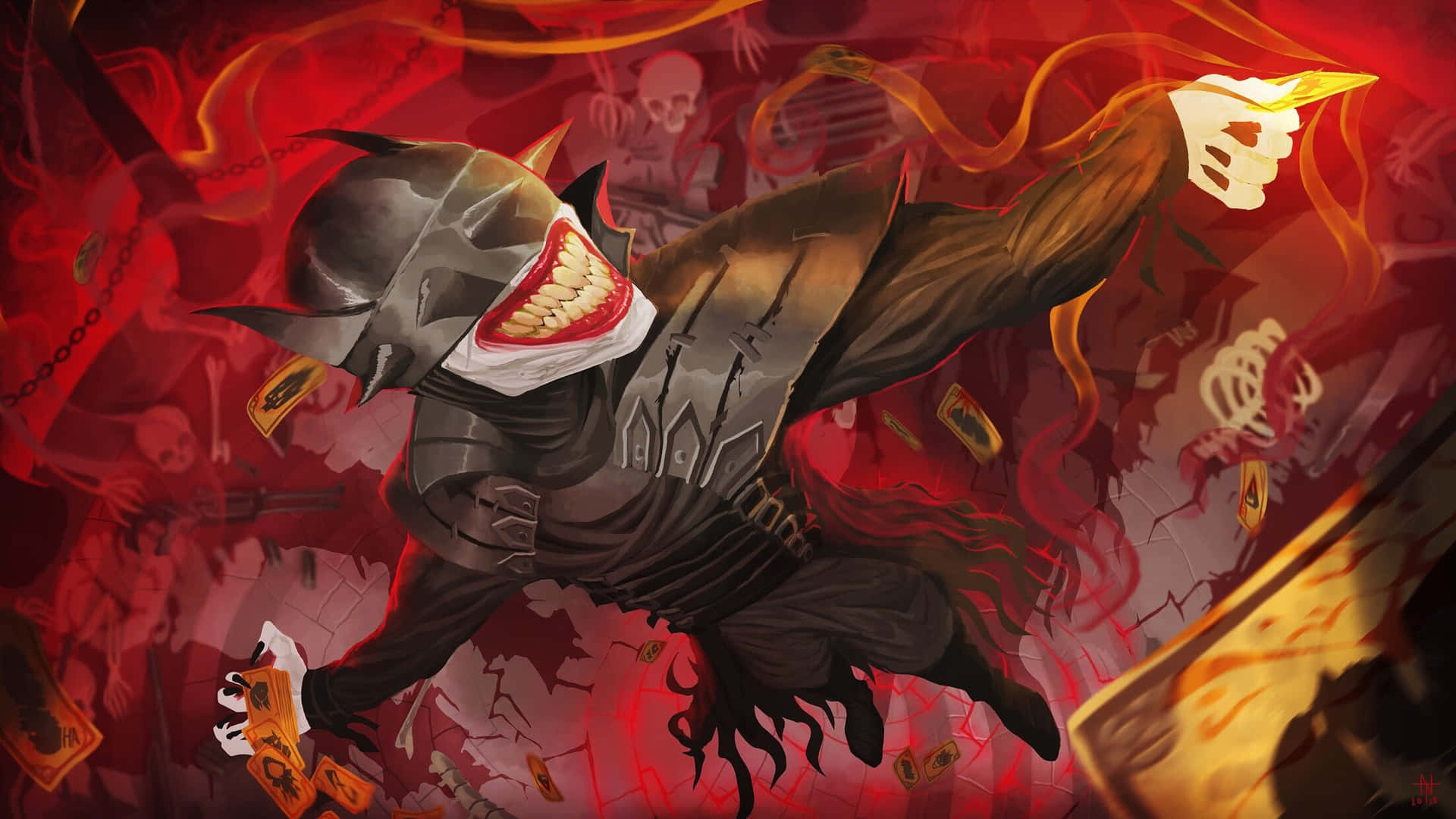 The Batman Who Laughs, anime bat-like warrior, fiery aura, Full HD Desktop Wallpaper