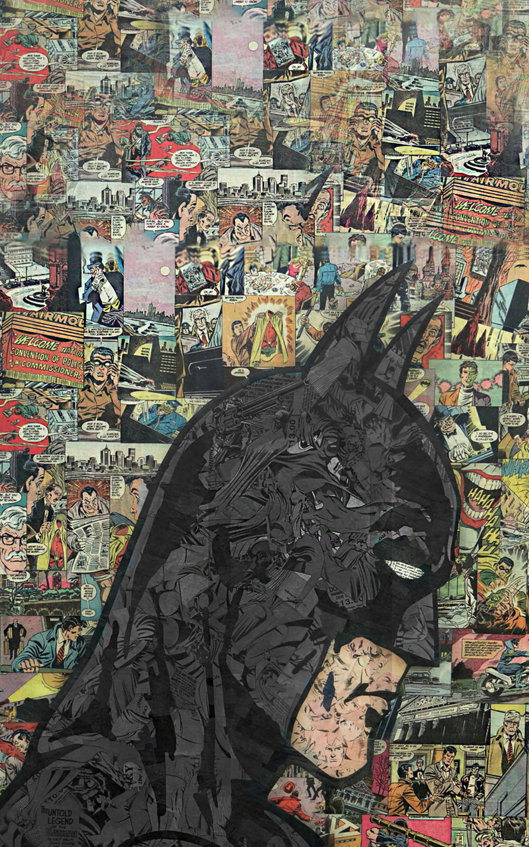 Batman, vintage comic book panels, bold colors, 2K Phone Wallpaper
