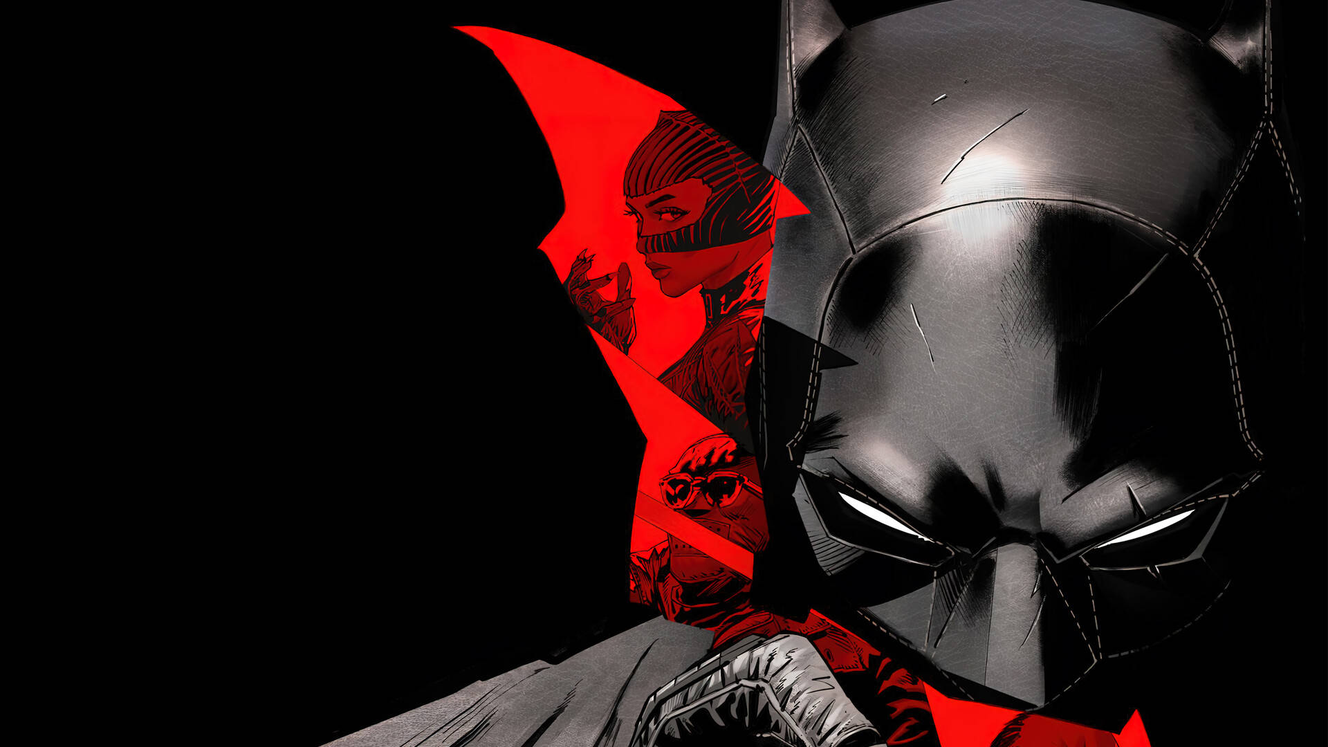 The Batman, red bat symbol, glowing eyes, Full HD Desktop Wallpaper