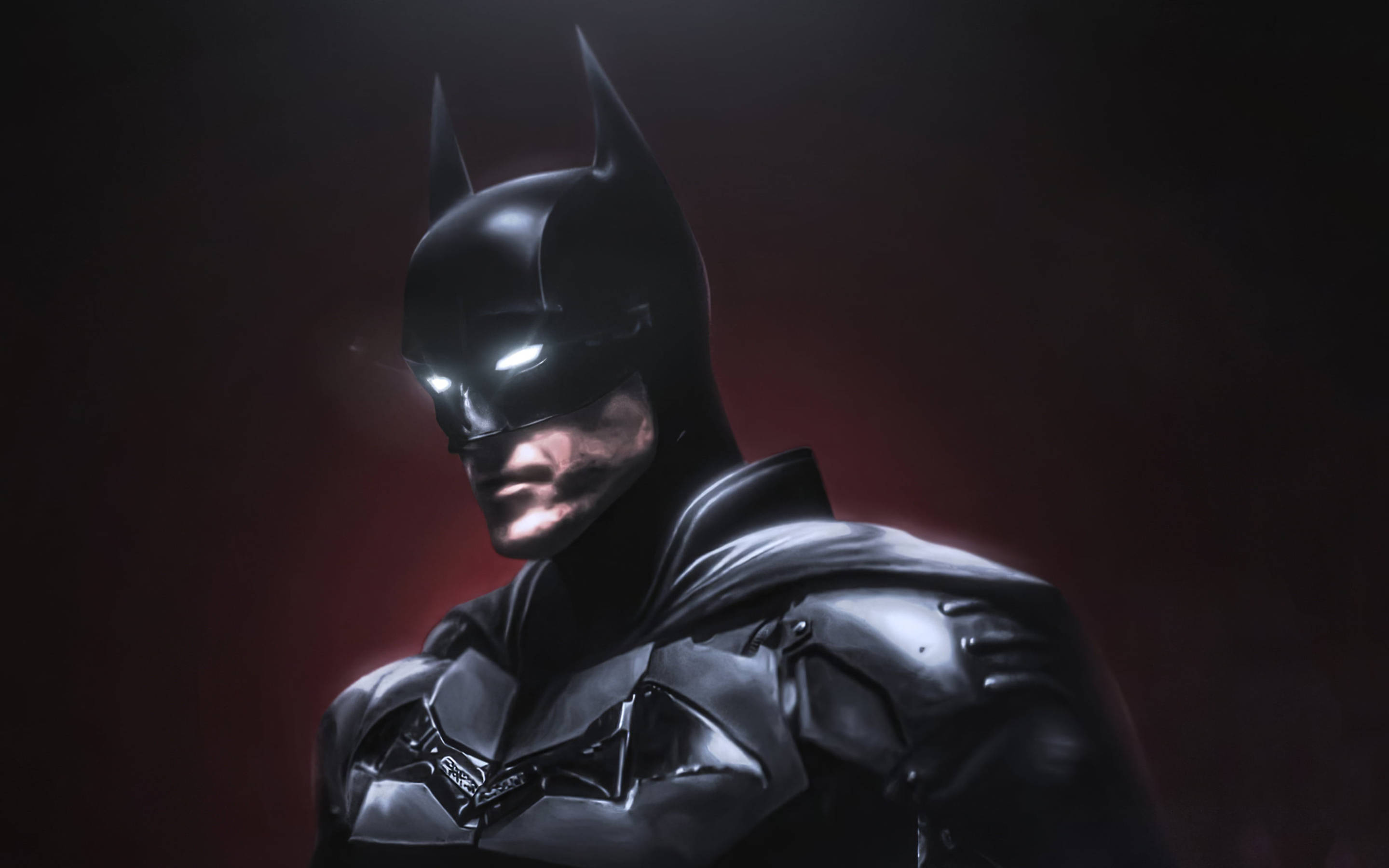 Batman, glowing eyes, deep red backdrop, 2K Desktop Wallpaper