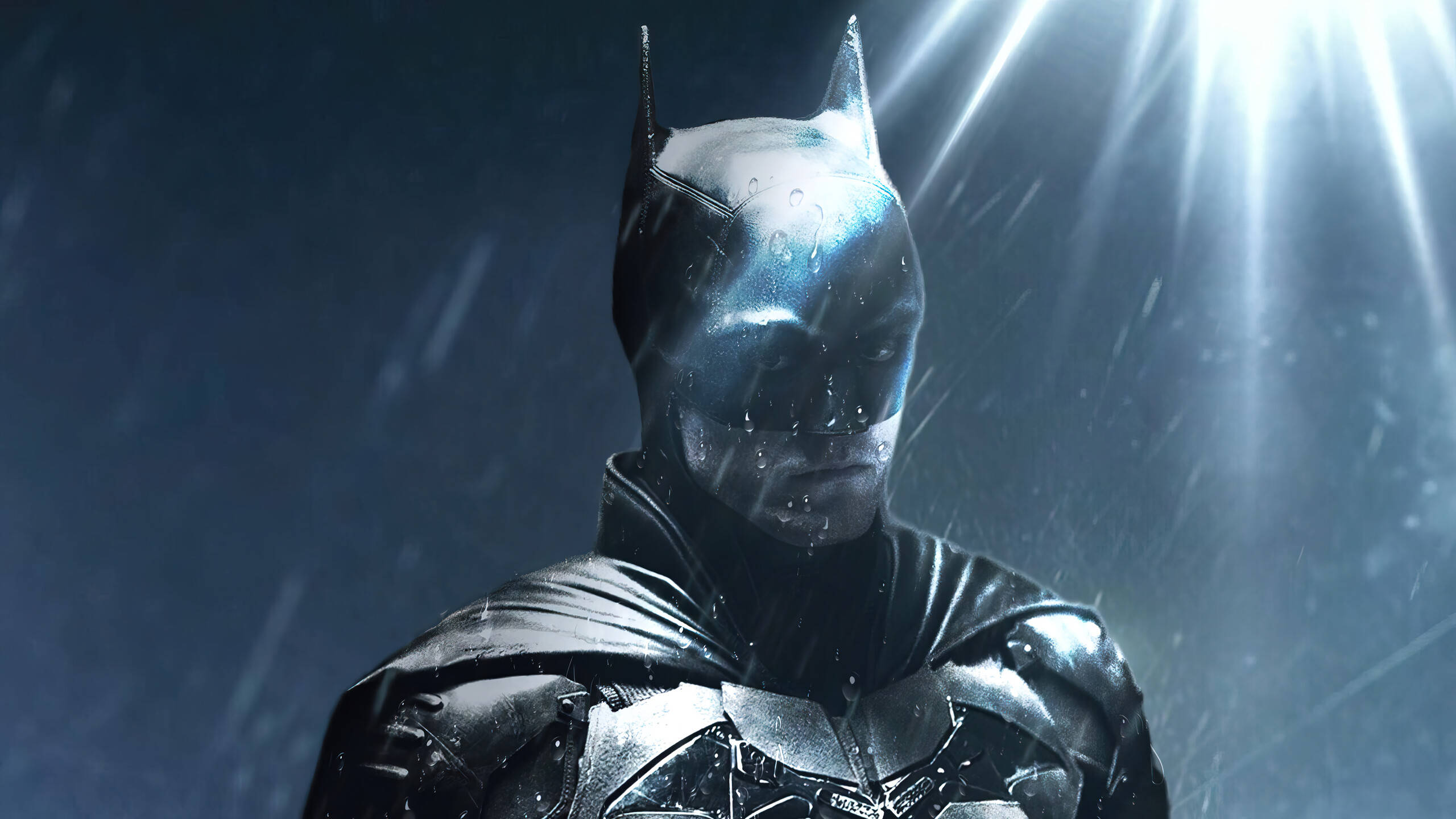 Batman, rain-soaked night, dramatic backlight rays, 2K Desktop Wallpaper