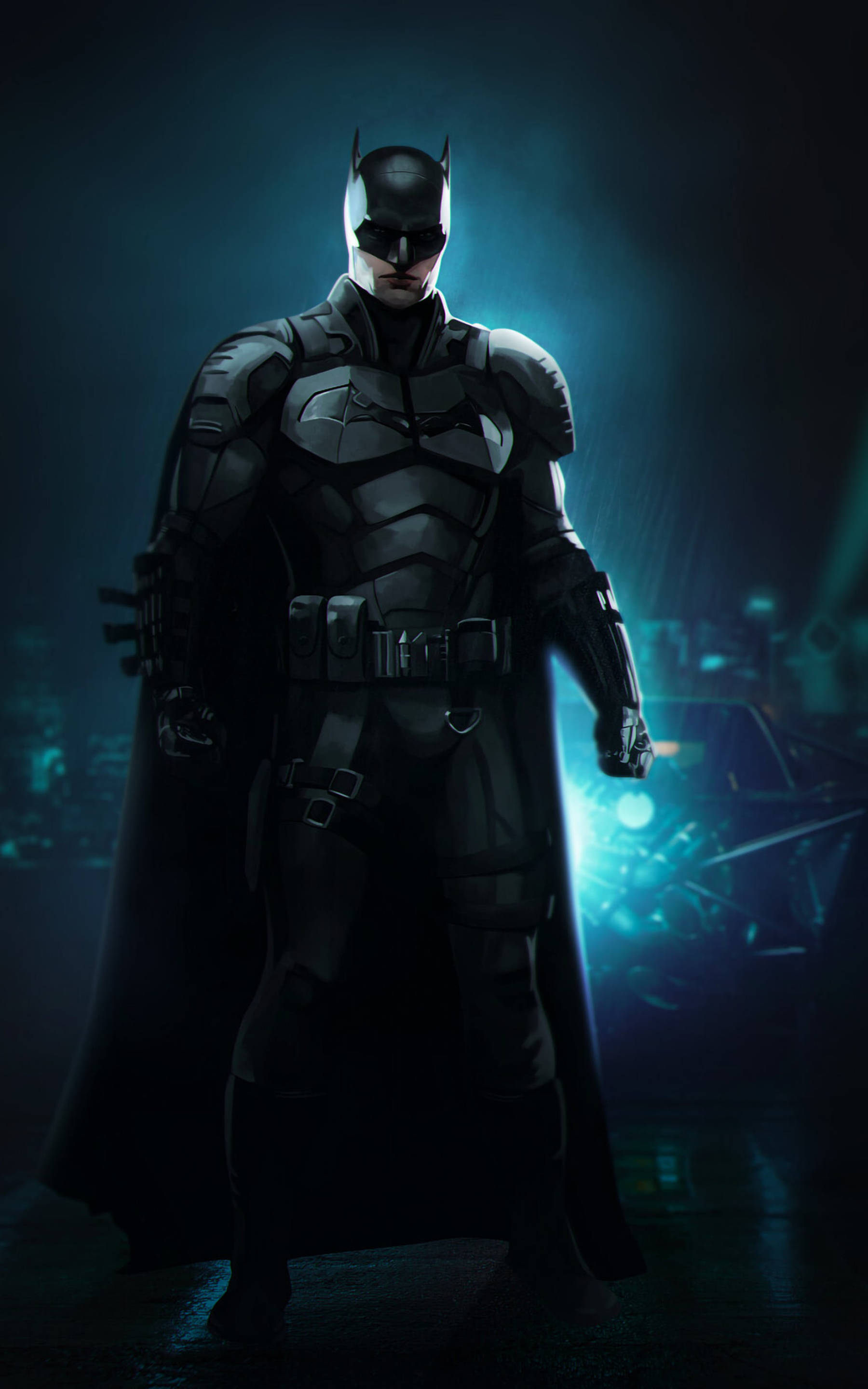 Batman, dark urban setting, blue neon lights, 2K Phone Wallpaper