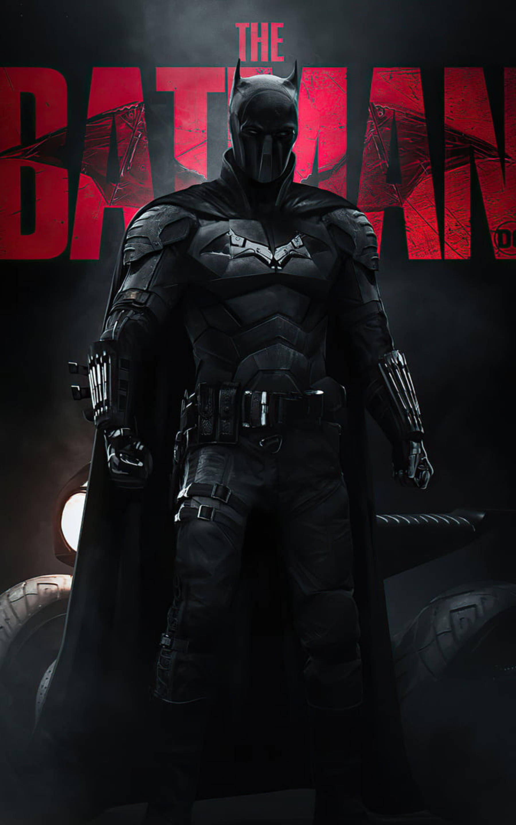 Batman, dark gritty pose, red title text, 2K Phone Wallpaper
