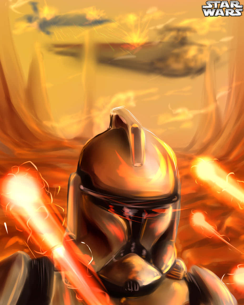 The Battle of Geonosis, clone trooper helmet, fiery orange explosions, HD Phone Wallpaper