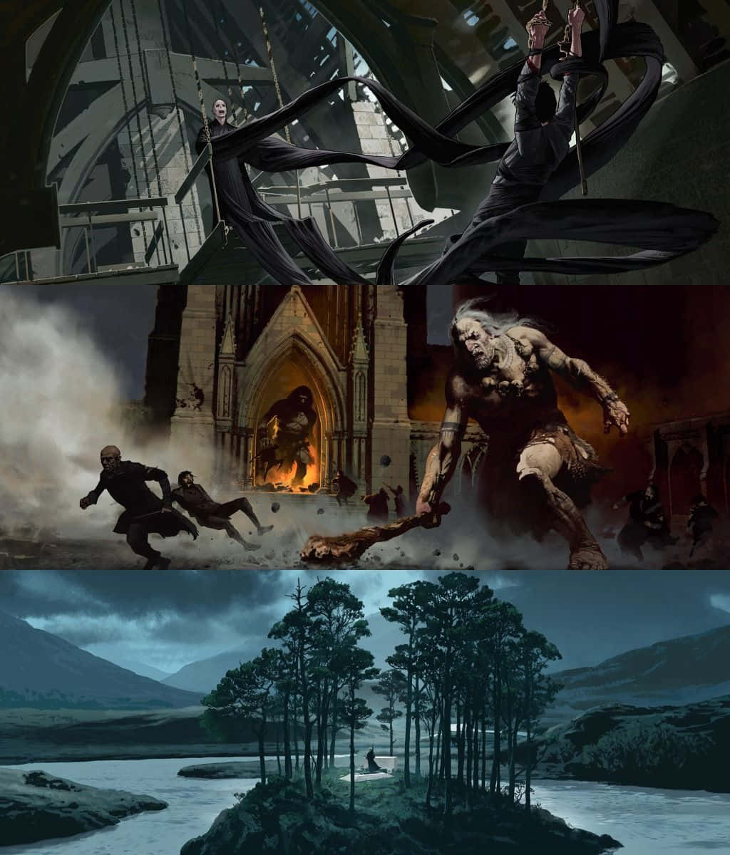 The Battle of Hogwarts, cloaked figure, cathedral, SD Phone Wallpaper