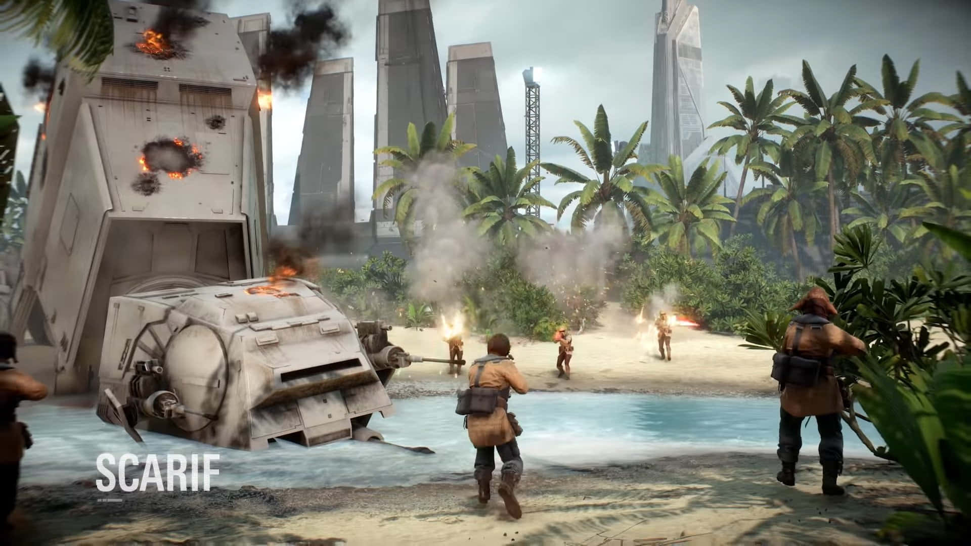 The Battle of Scarif, tropical beach, burning wreckage, Full HD Desktop Wallpaper