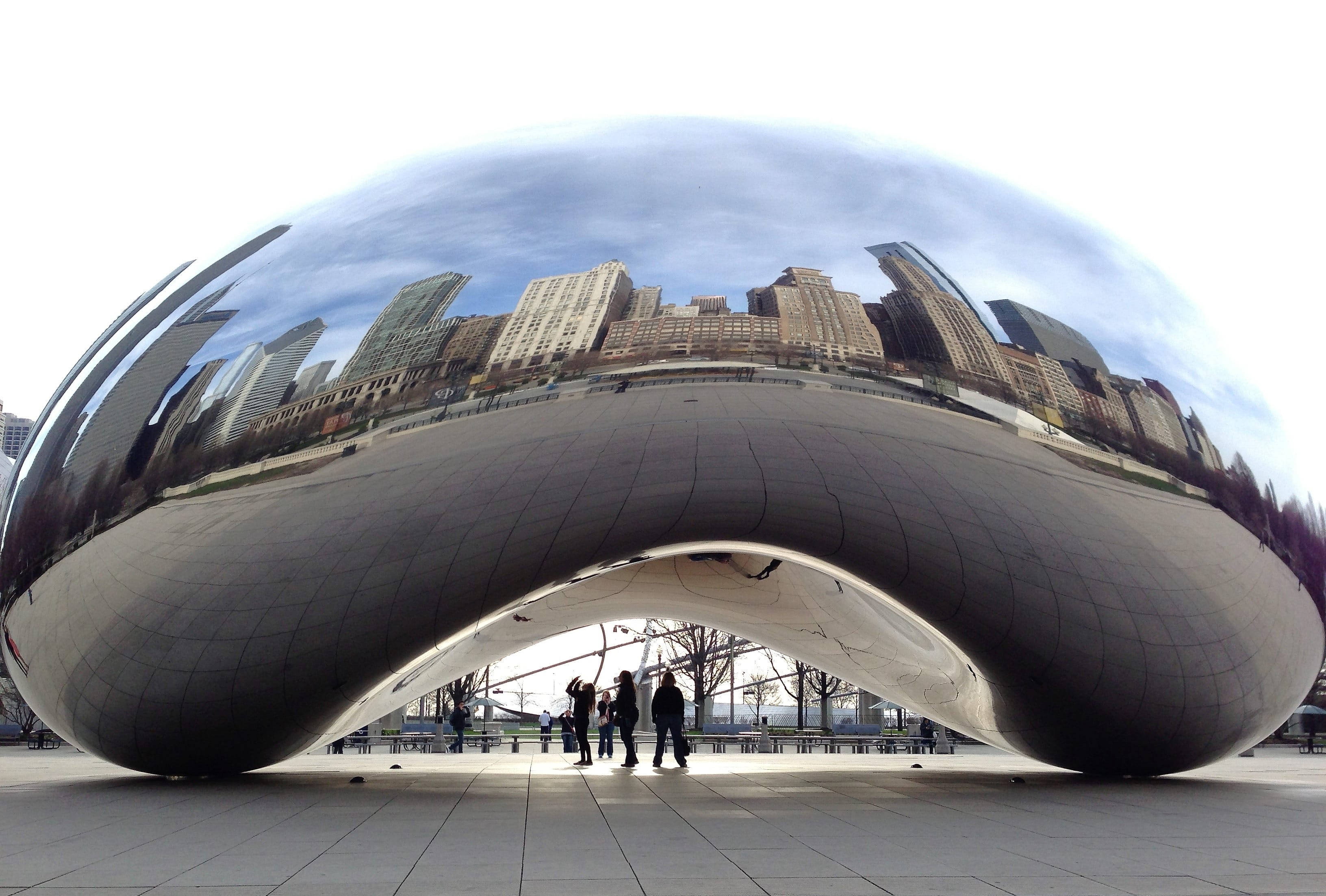 The Bean Chicago, chrome sculpture, city skyline, 2K Desktop Wallpaper