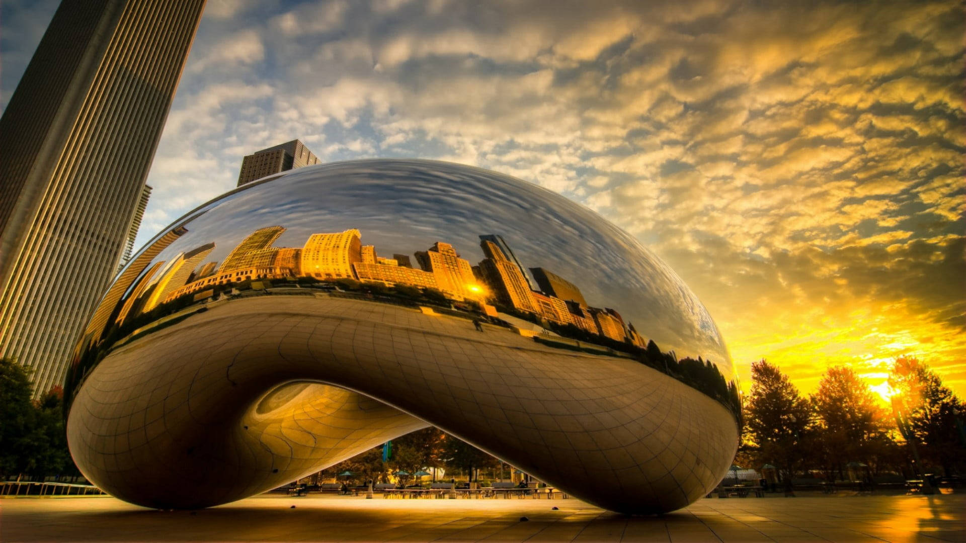 The Bean Chicago, yellow sunset, golden sunset, Full HD Desktop Wallpaper