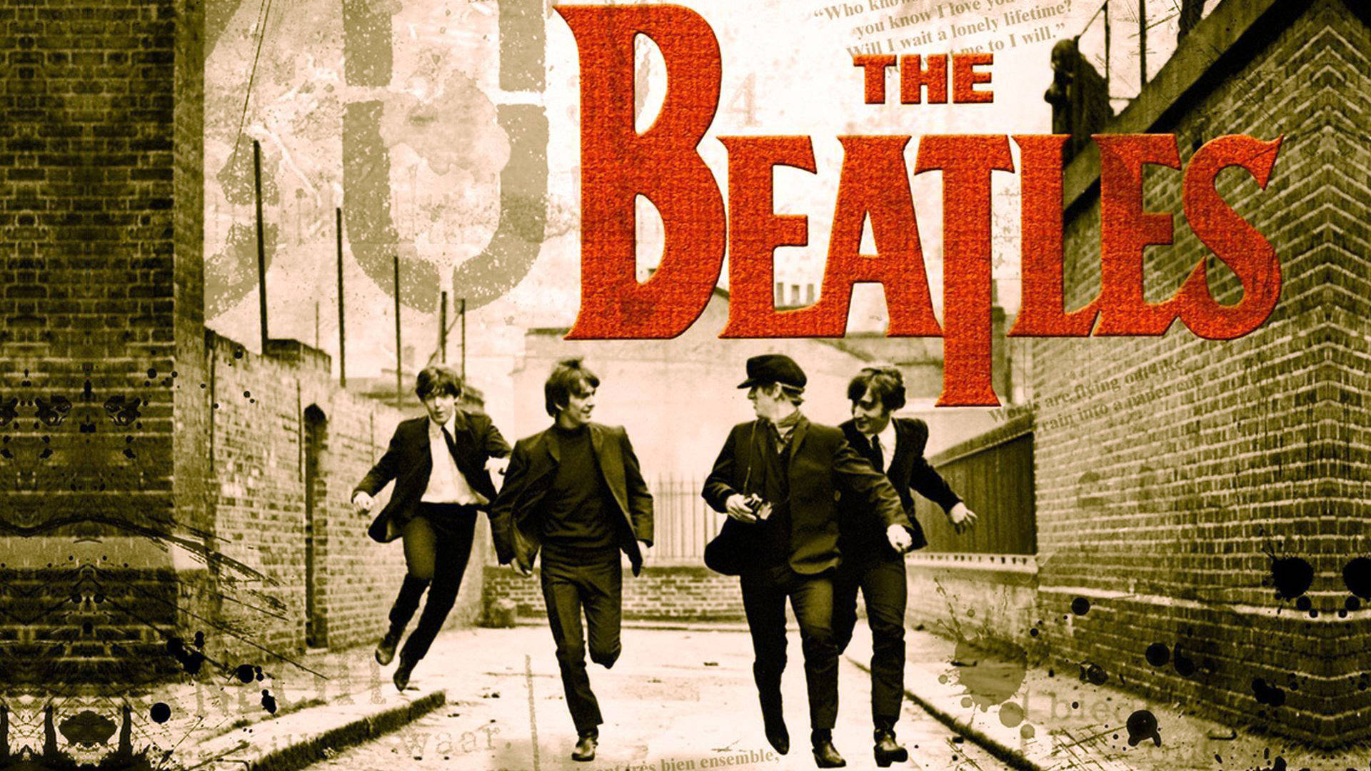 The Beatles, red Beatles logo, vintage text overlays, Full HD Desktop Wallpaper