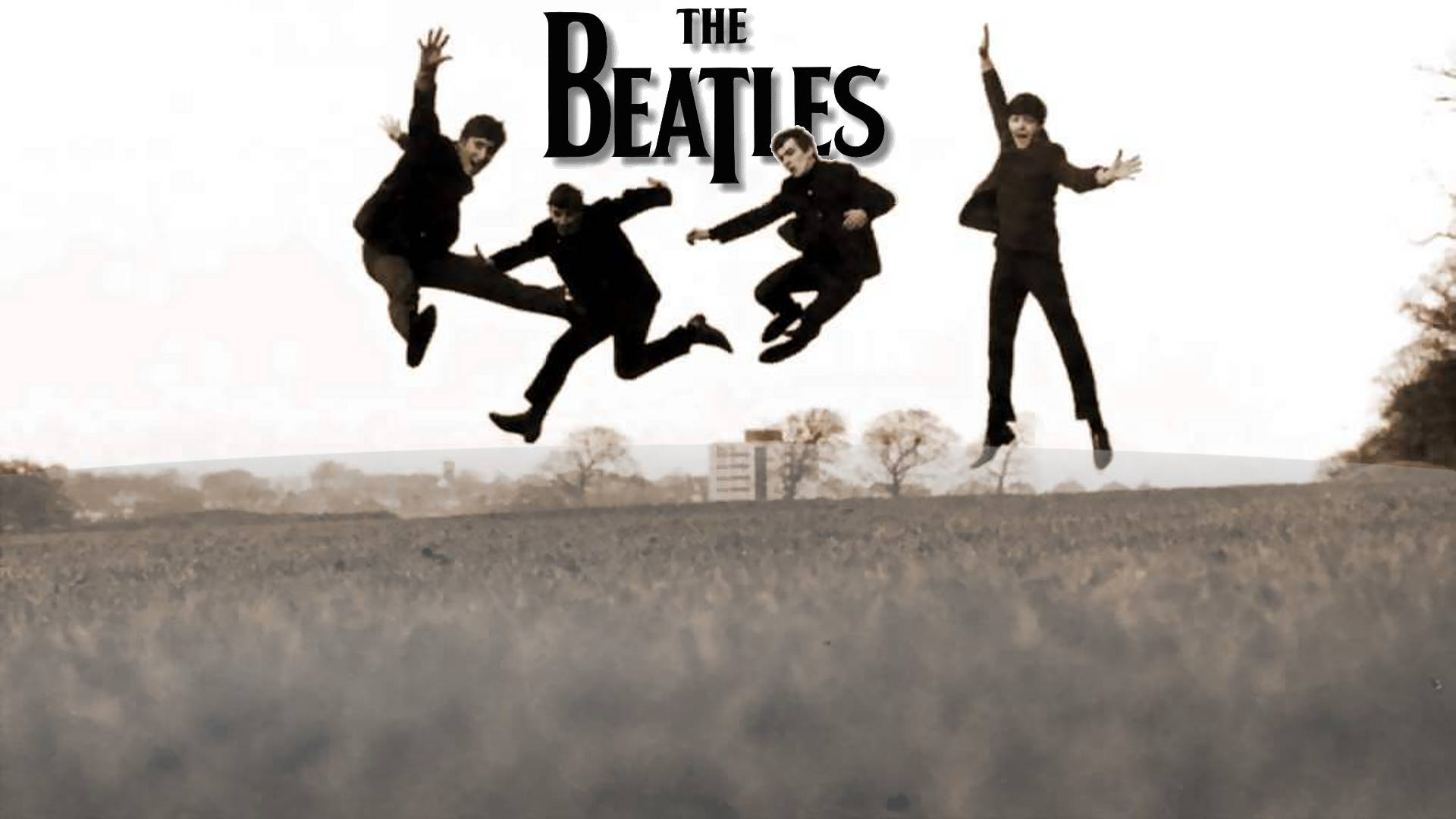 The Beatles, black suits, grassy field, Full HD Desktop Wallpaper