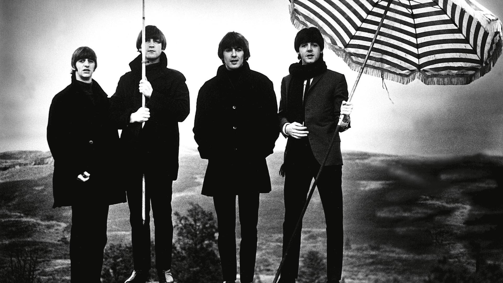 The Beatles, umbrellas, dark coats, Full HD Desktop Wallpaper