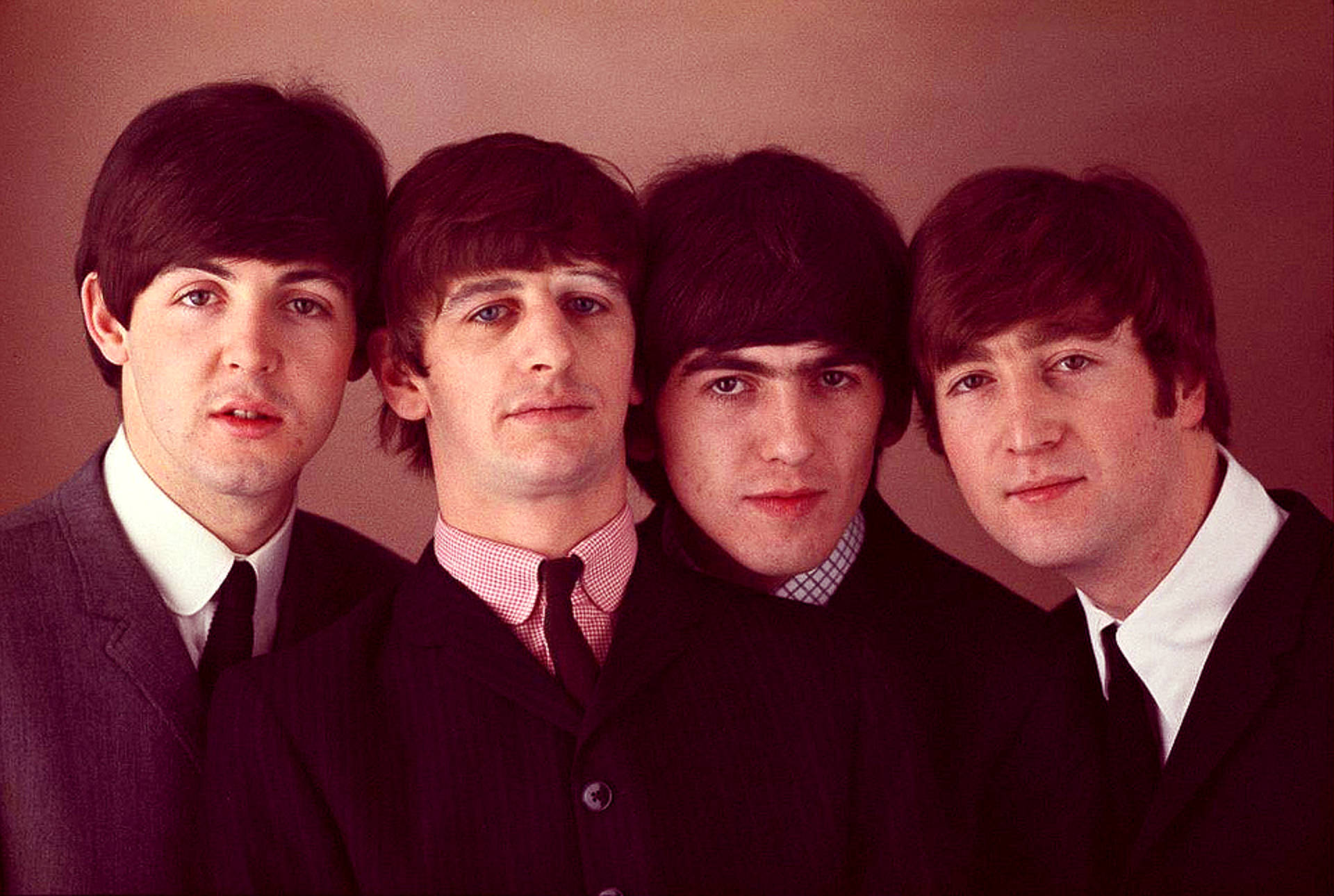 The Beatles, muted pink background, vintage 1960s styling, Full HD Desktop Wallpaper
