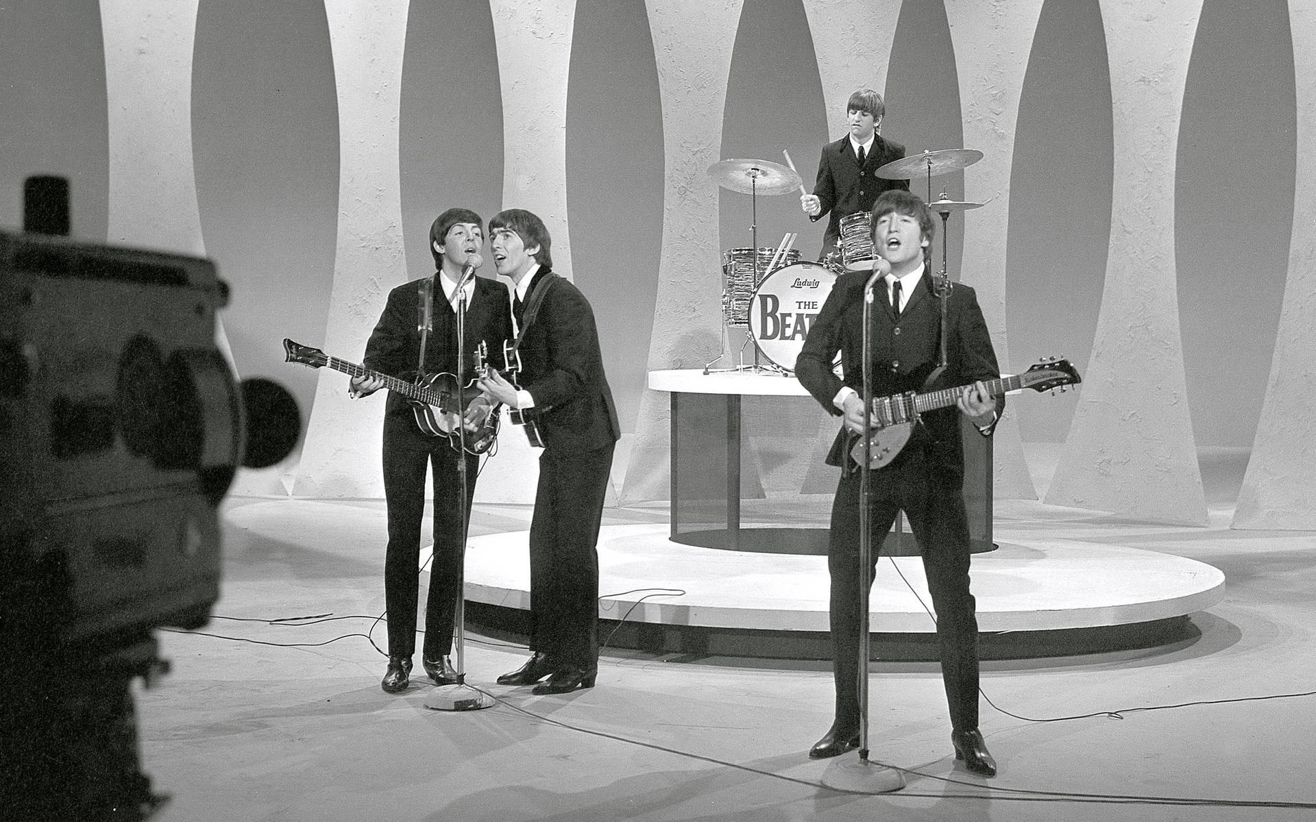 The Beatles, retro stage, curved backdrop, Full HD Desktop Wallpaper