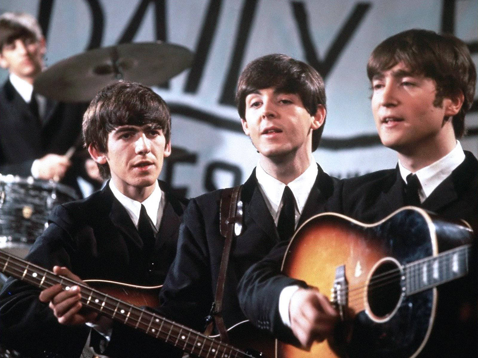 The Beatles, acoustic guitars, drums, HD Desktop Wallpaper