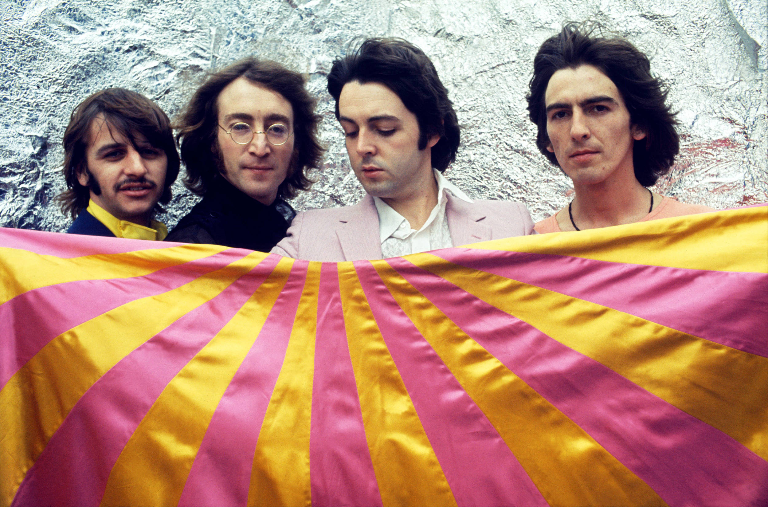The Beatles, pink and yellow striped flag, crinkled silver backdrop, Full HD Desktop Wallpaper