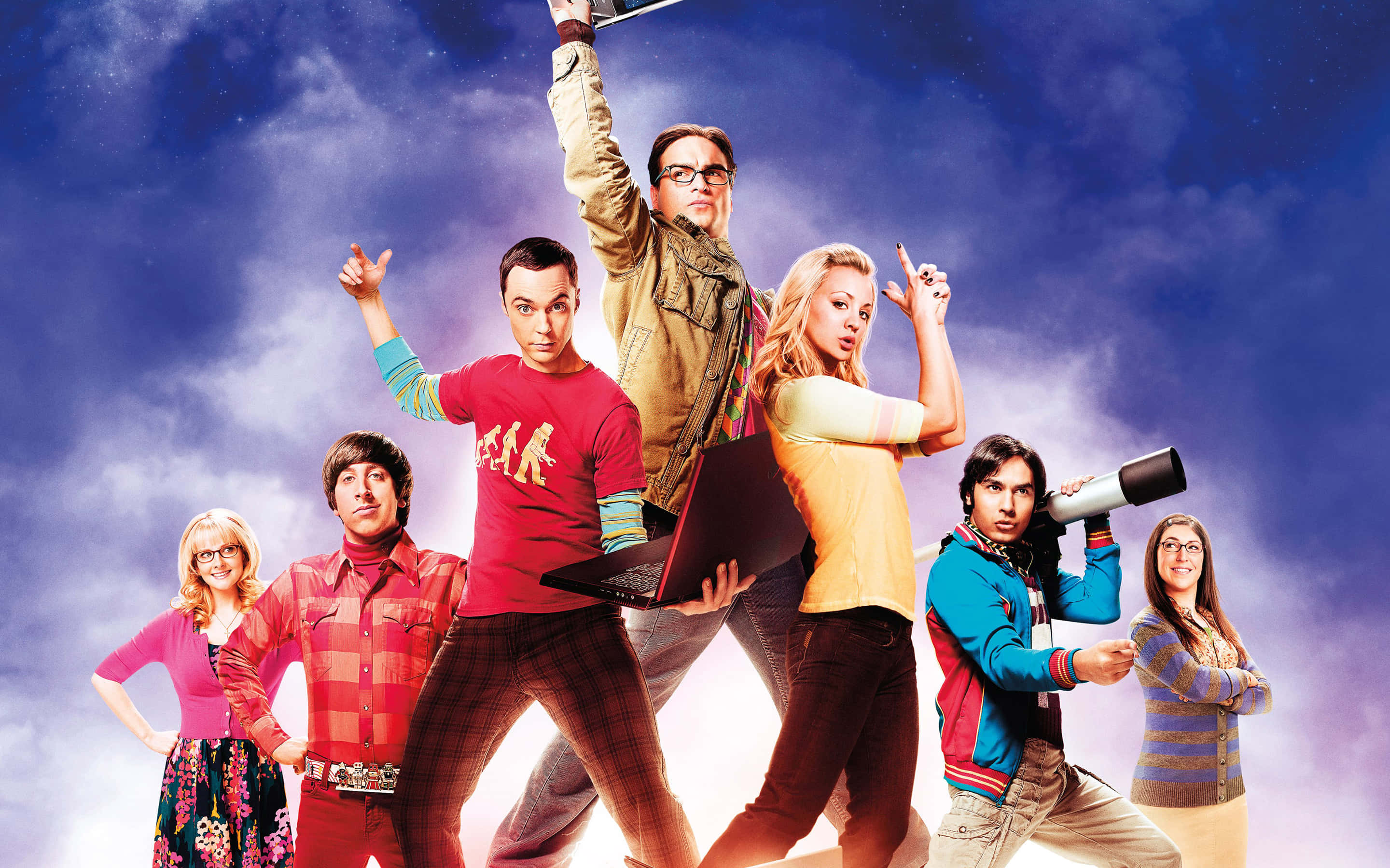 The Big Bang Theory, seven colorful characters, starry cosmic sky, 2K Desktop Wallpaper