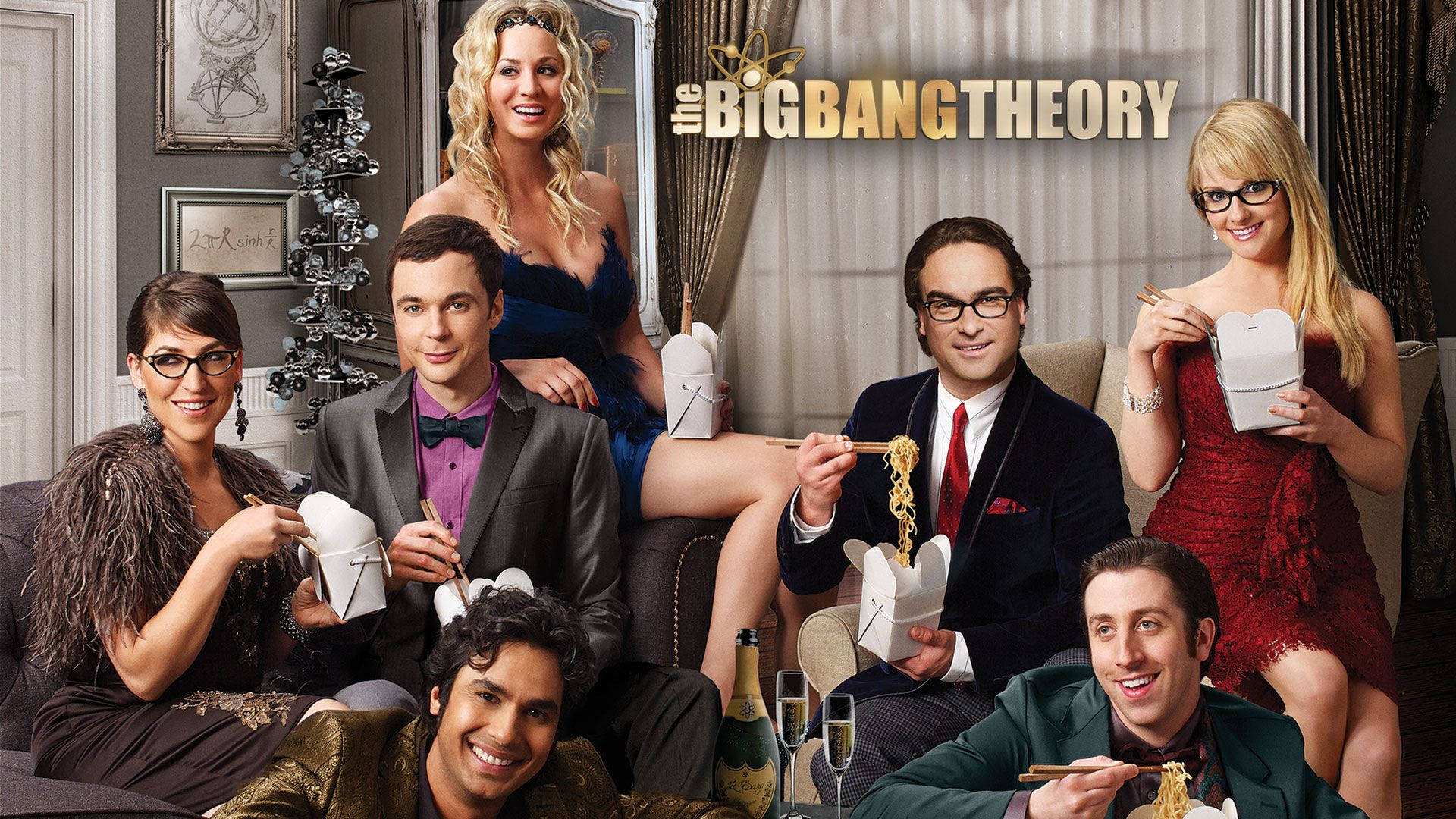The Big Bang Theory, Chinese Food, six smiling TV characters, Full HD Desktop Wallpaper