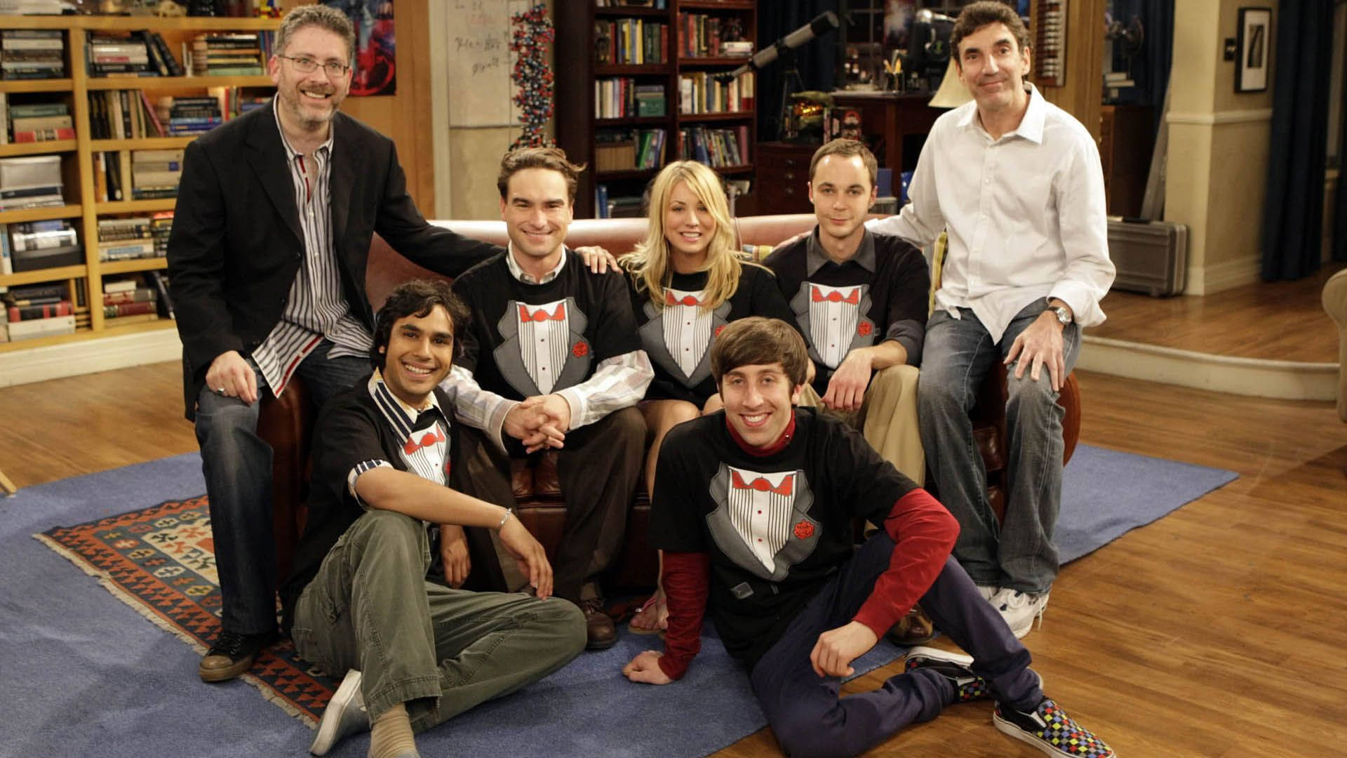 The Big Bang Theory, tuxedo shirts, bookshelf-lined living room, Full HD Desktop Wallpaper