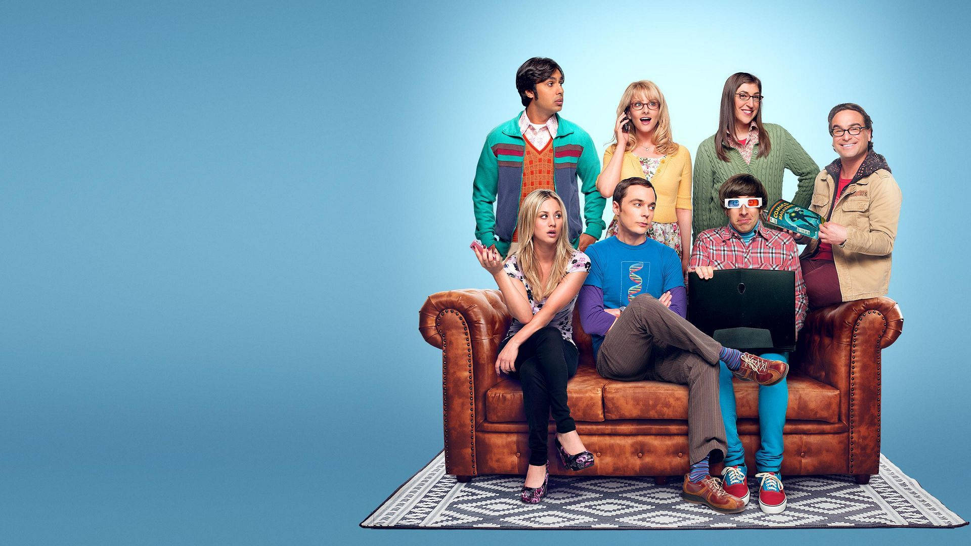 The Big Bang Theory, 80s-style outfits, brown leather couch, Full HD Desktop Wallpaper